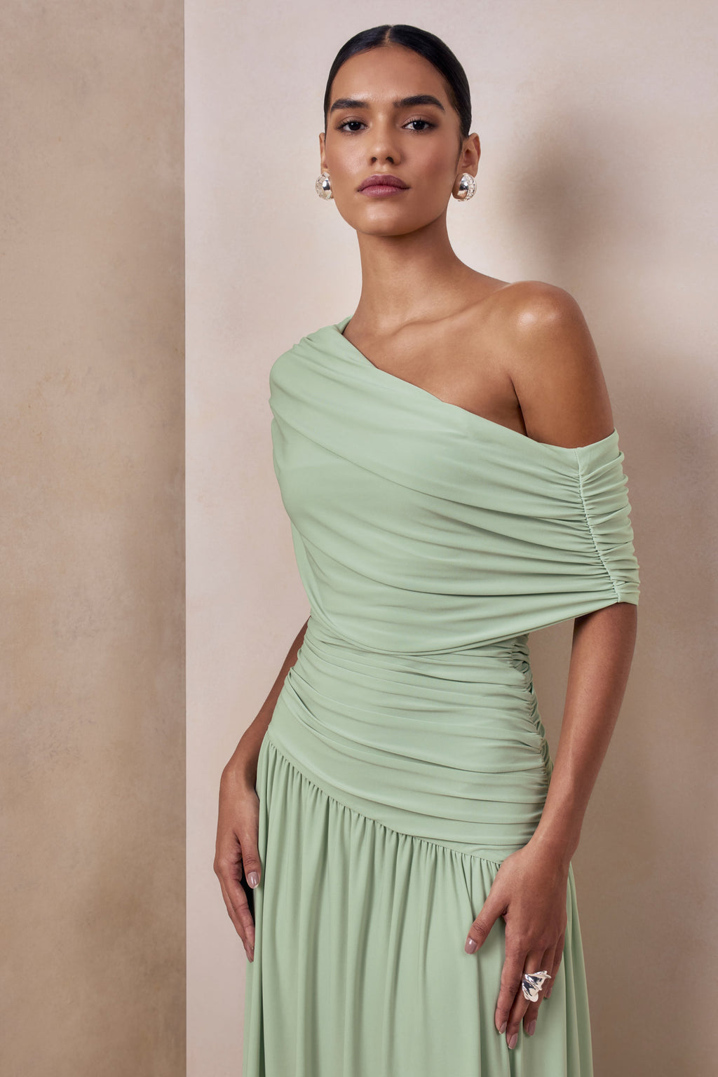 Emberly | Green Draped Asymmetric-Neck Maxi Dress With Drop-Waist