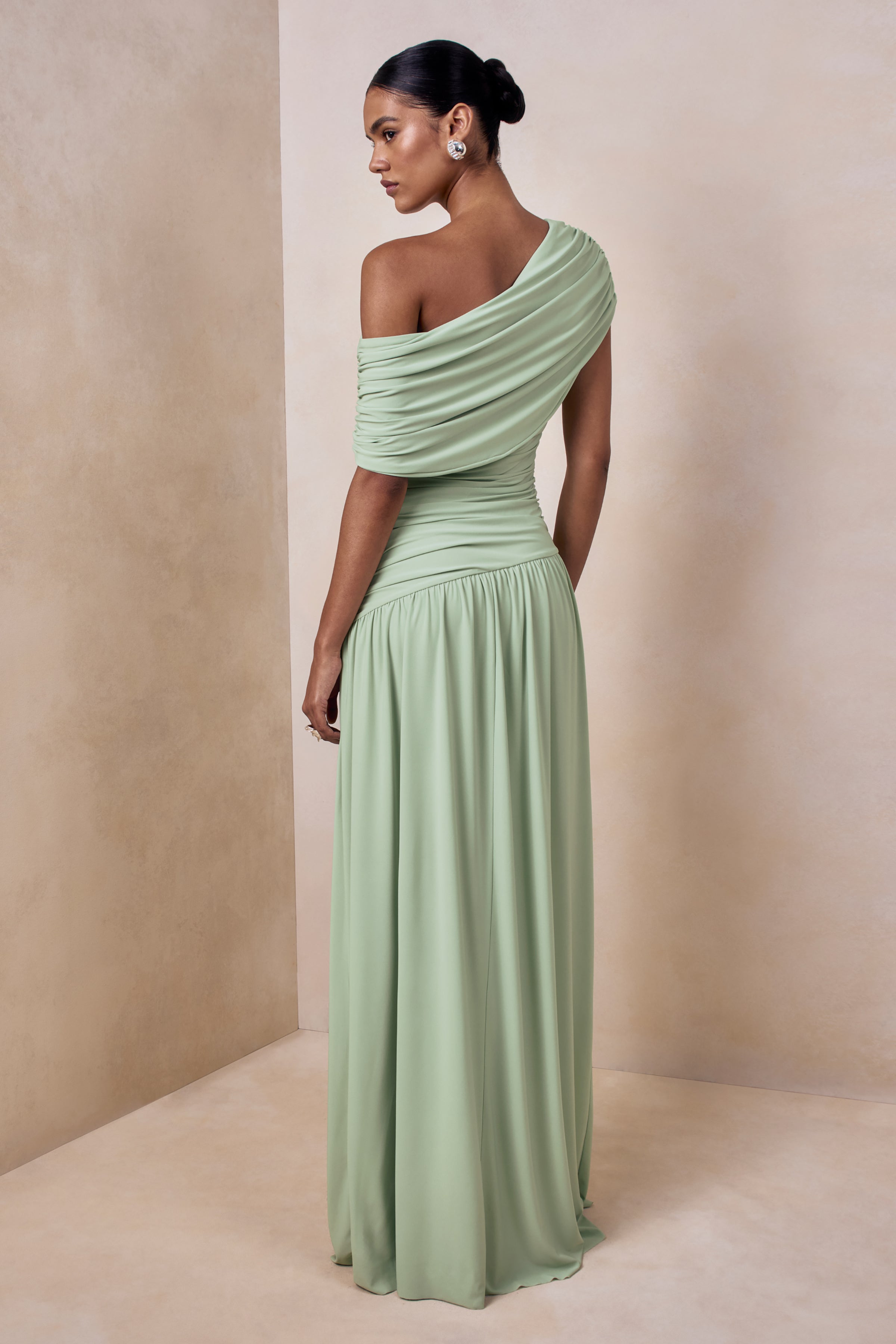 Emberly | Green Draped Asymmetric-Neck Maxi Dress With Drop-Waist