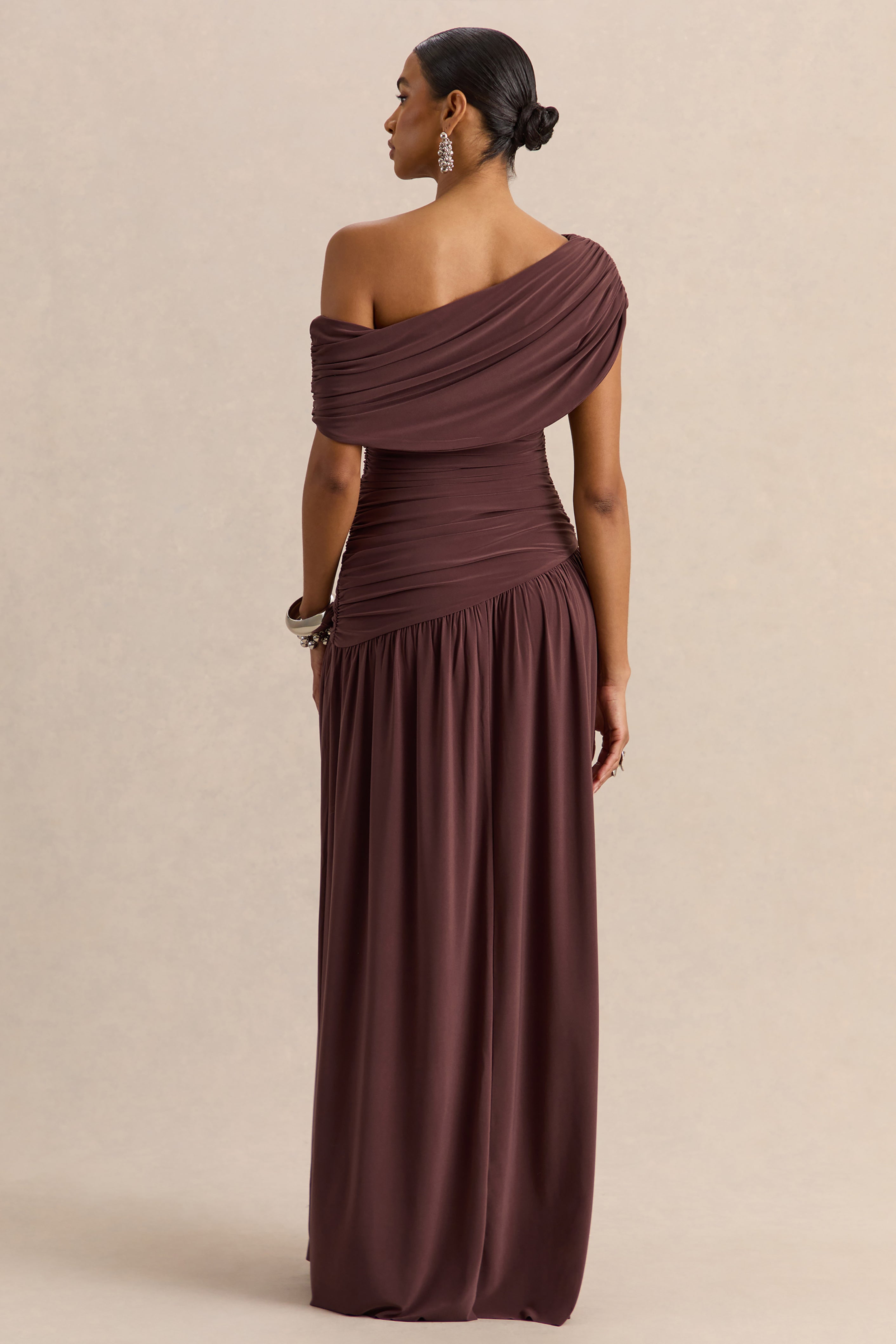 Emberly | Brown Draped Asymmetric-Neck Maxi Dress With Drop-Waist