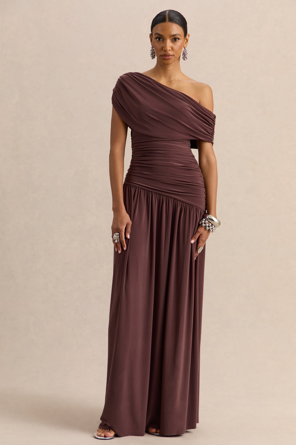 Emberly | Brown Draped Asymmetric-Neck Maxi Dress With Drop-Waist