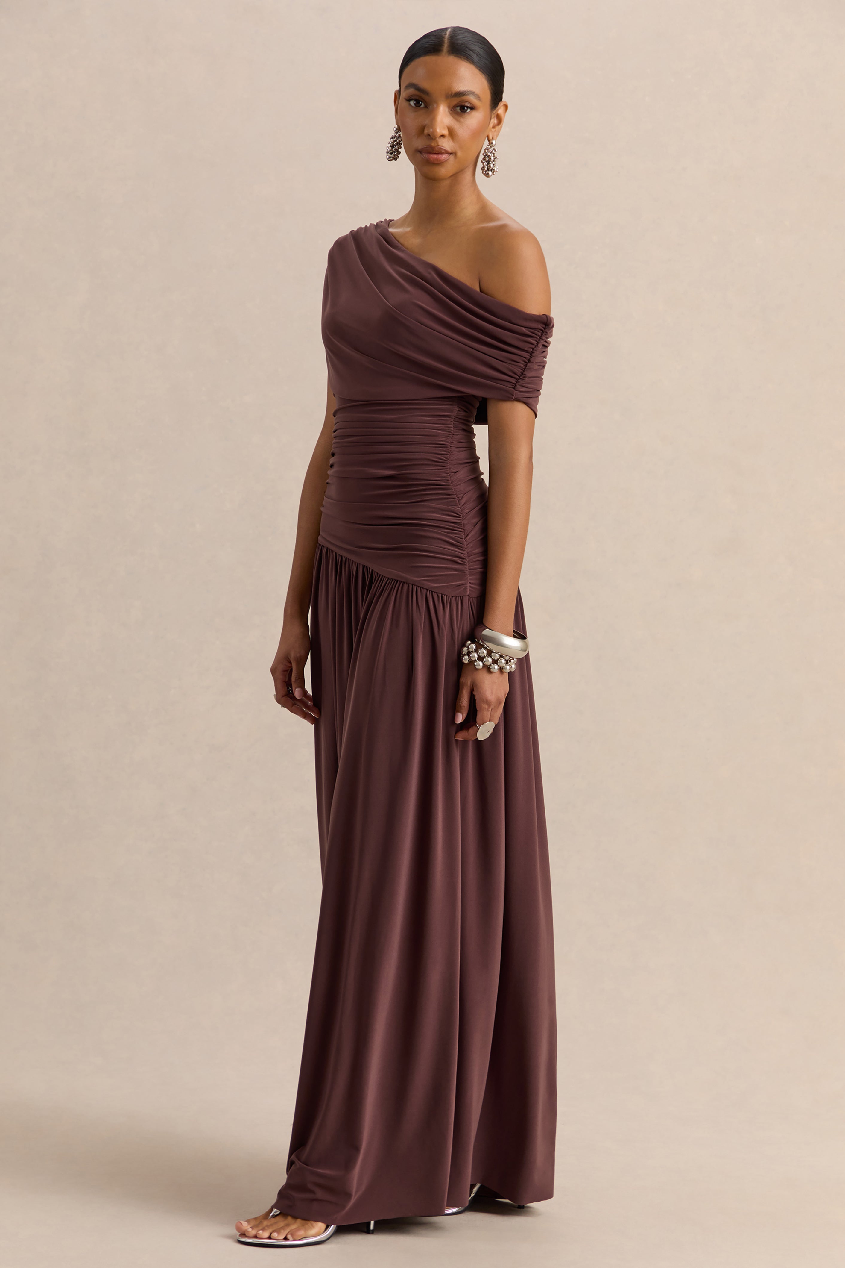 Emberly | Brown Draped Asymmetric-Neck Maxi Dress With Drop-Waist
