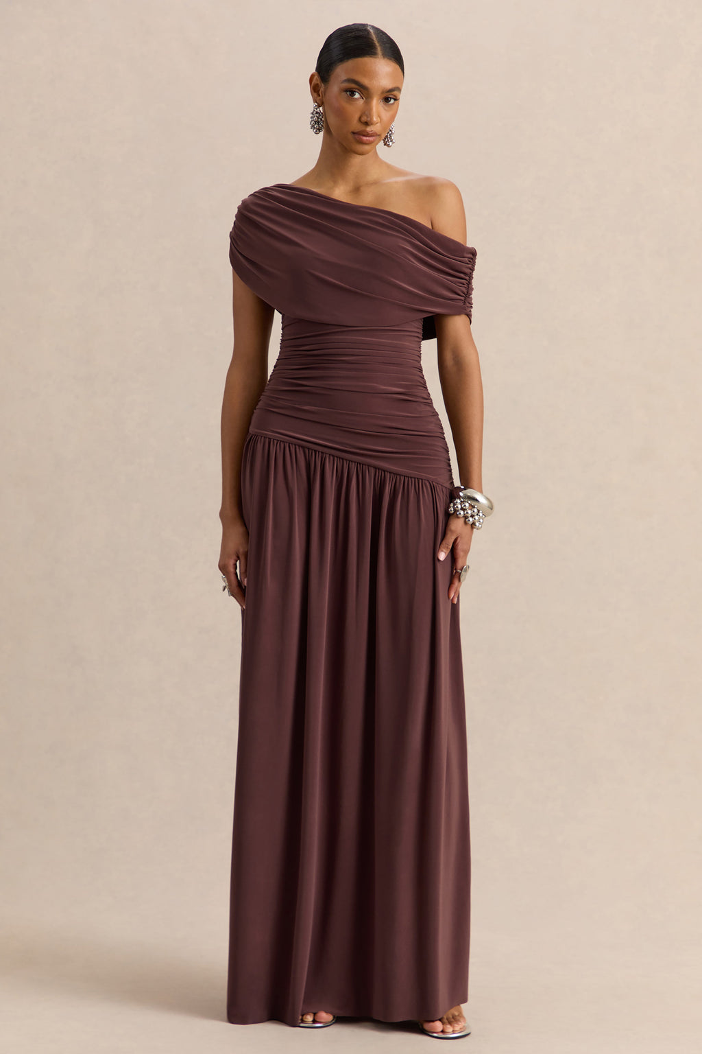 Emberly | Brown Draped Asymmetric-Neck Maxi Dress With Drop-Waist