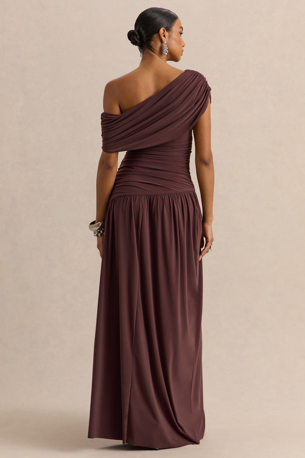 Emberly | Brown Draped Asymmetric-Neck Maxi Dress With Drop-Waist