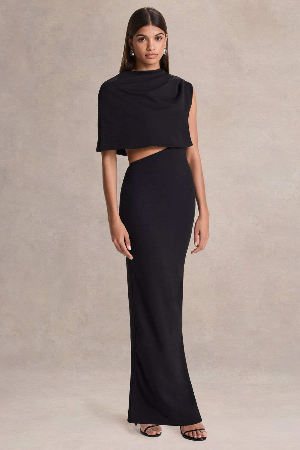 Roseth | Black High-Neck Maxi Dress With Removable Cape