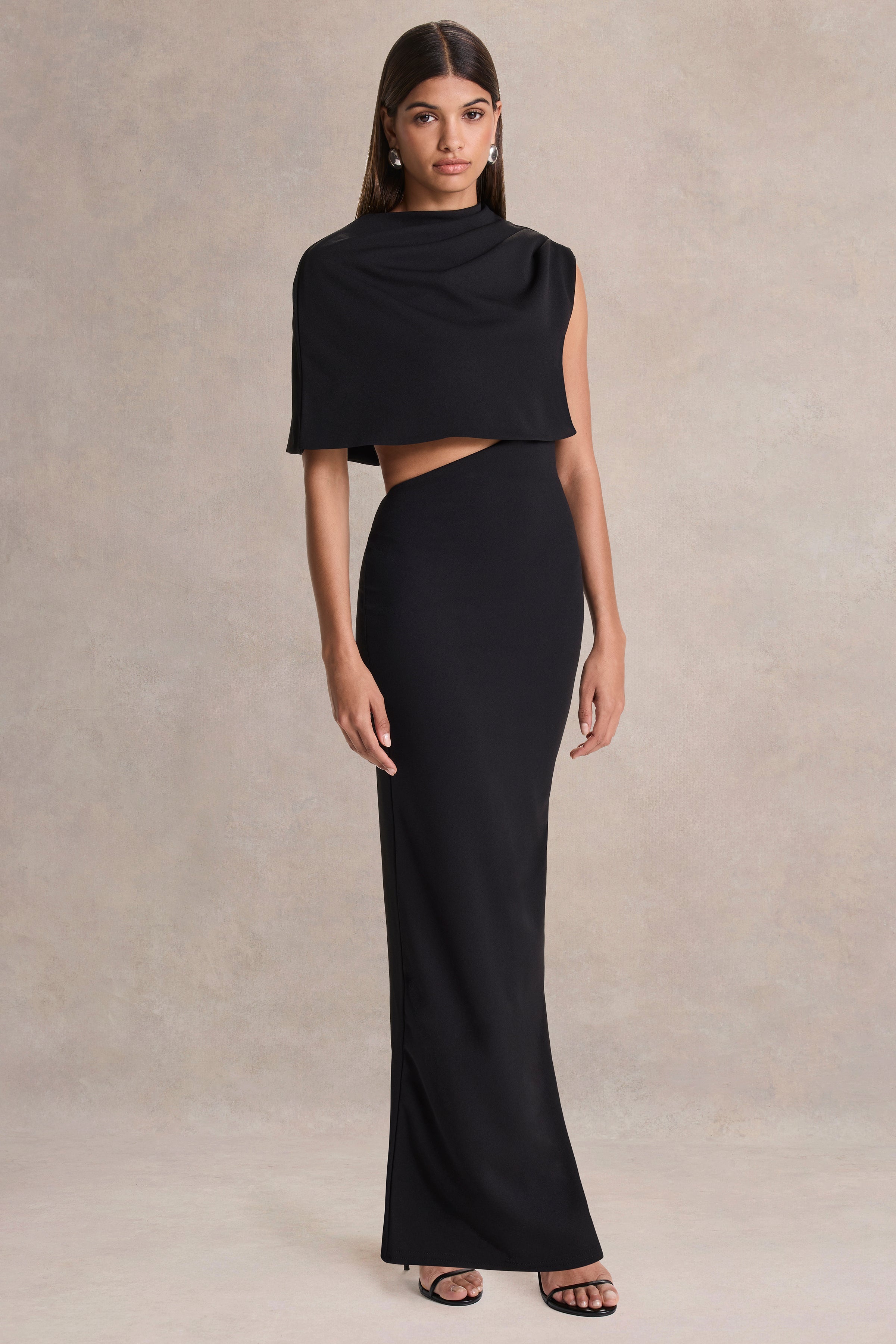 Roseth | Black High-Neck Maxi Dress With Removable Cape