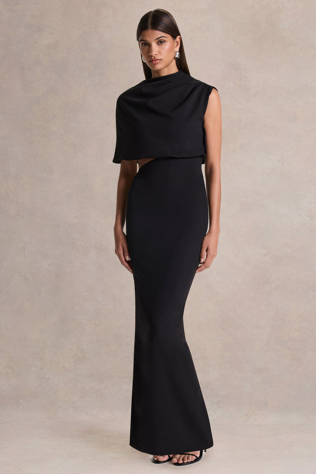 Roseth | Black High-Neck Maxi Dress With Removable Cape