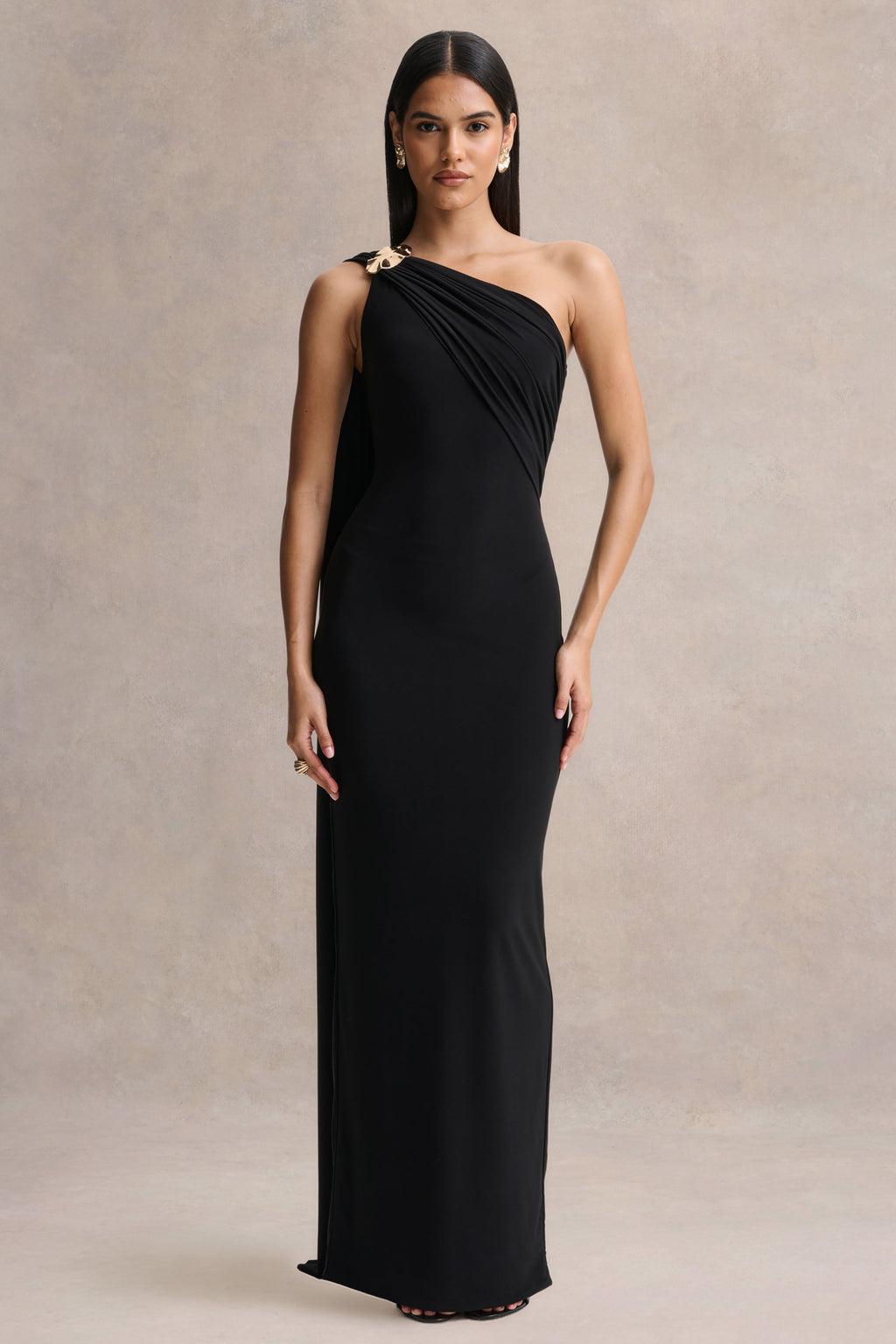 Mandy | Black Asymmetric-Neck Maxi Dress