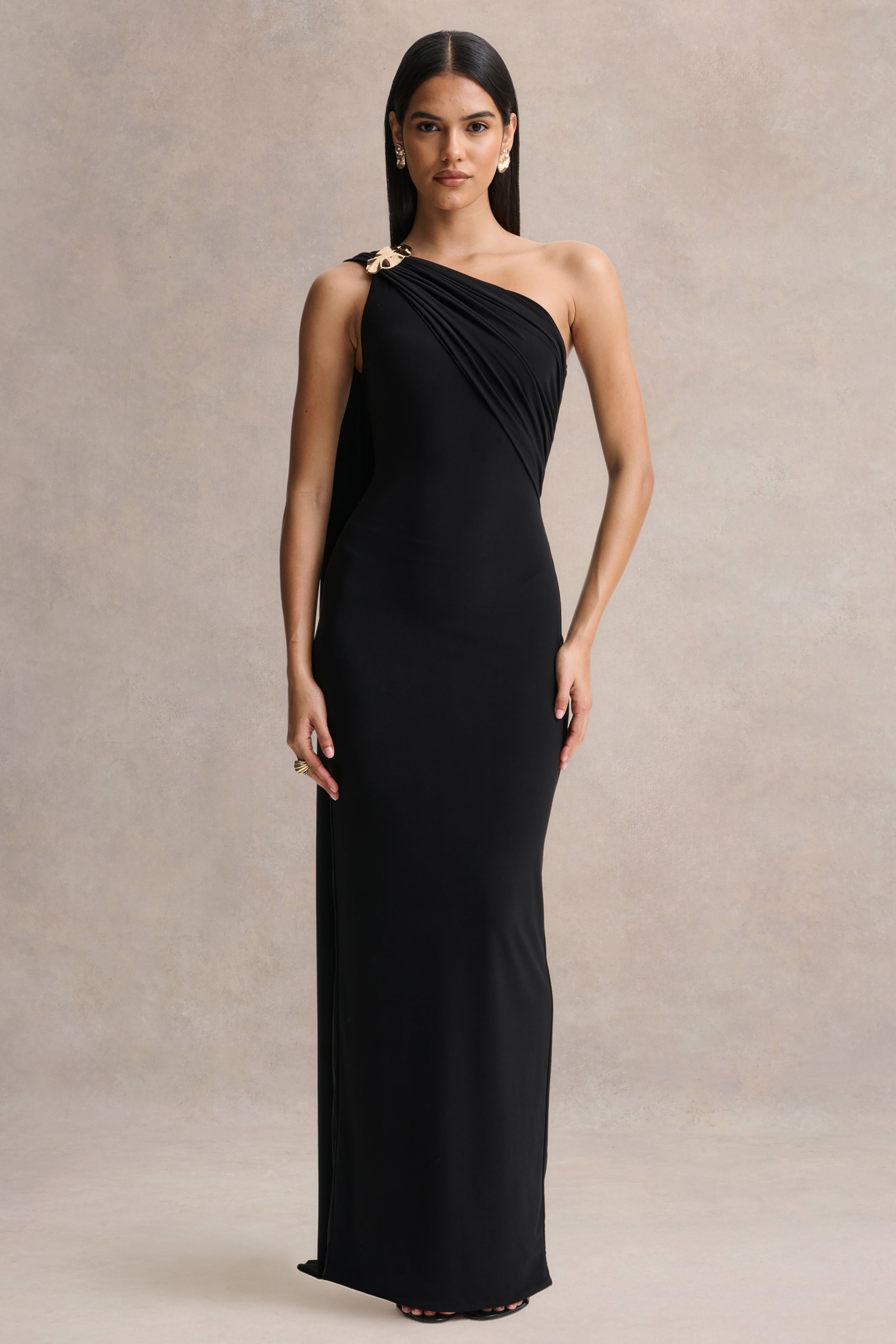 Mandy | Black Asymmetric-Neck Maxi Dress