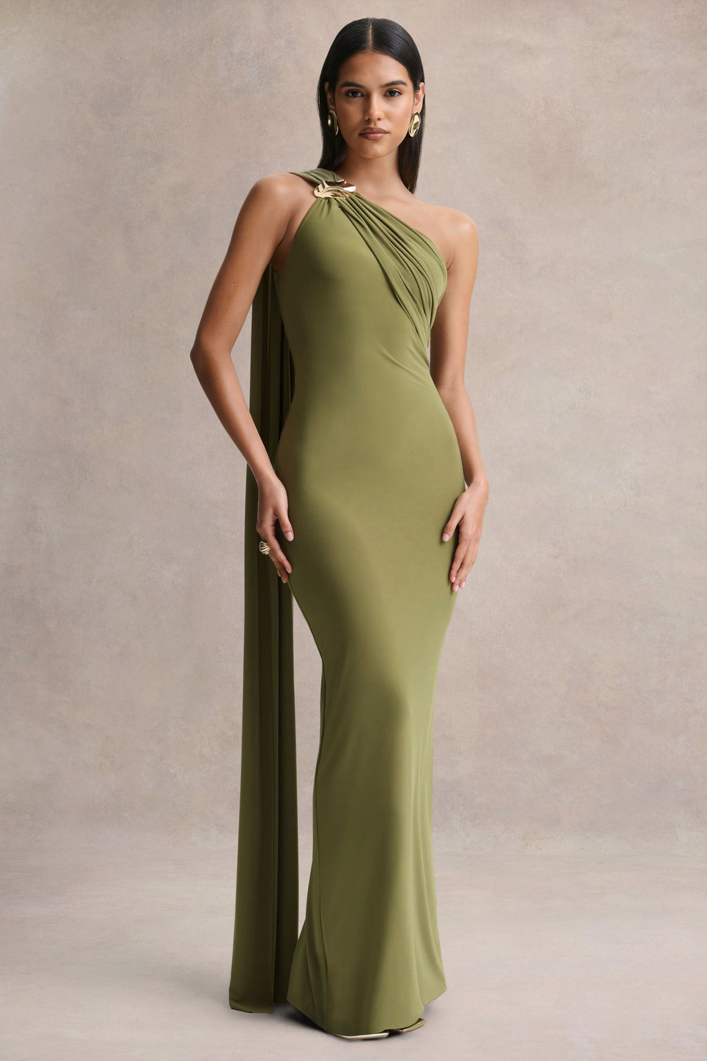 Mandy | Olive Asymmetric-Neck Maxi Dress With Gold-Detail