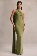 Mandy | Olive Asymmetric-Neck Maxi Dress With Gold-Detail
