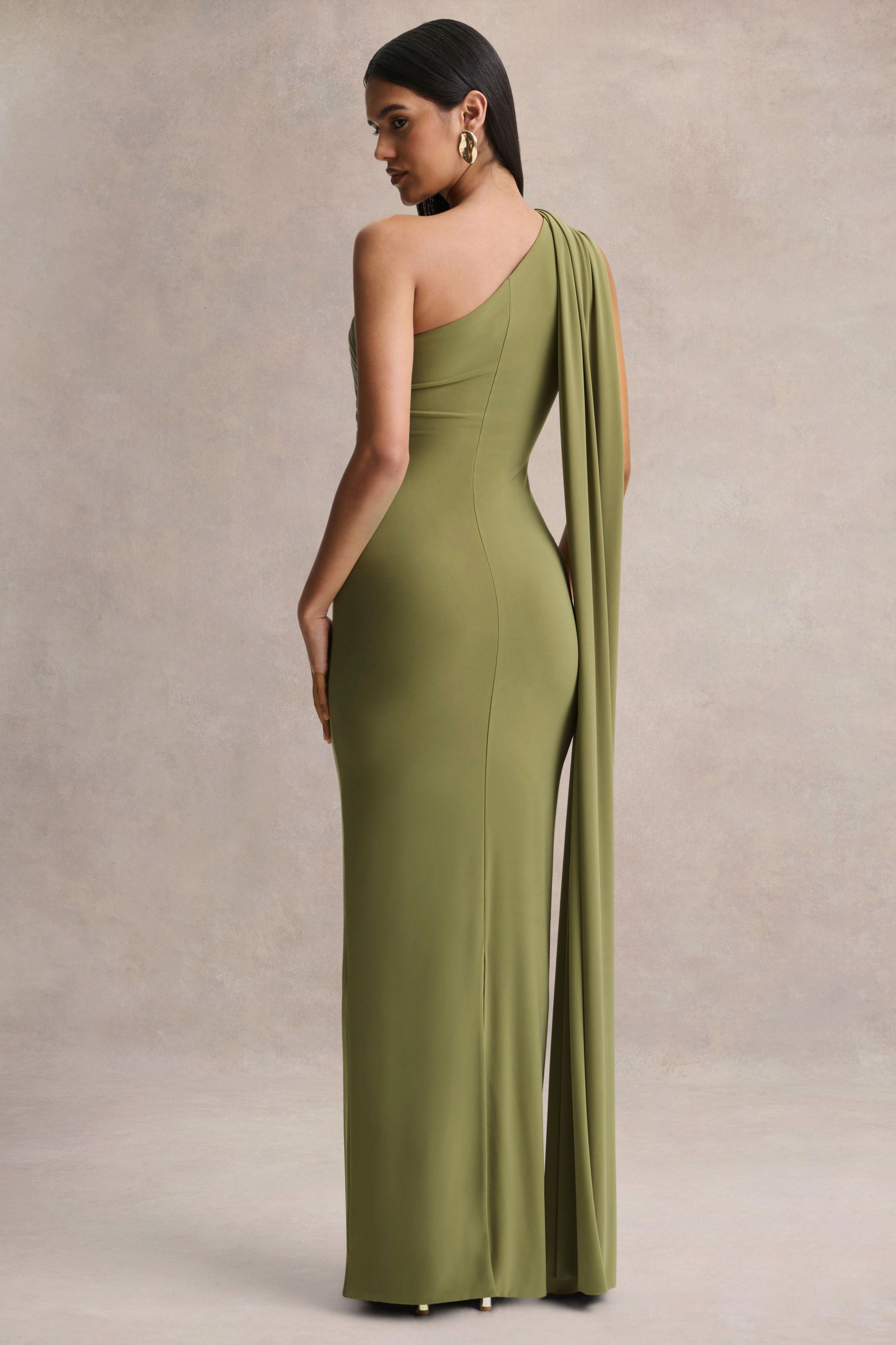 Mandy | Olive Asymmetric-Neck Maxi Dress With Gold-Detail