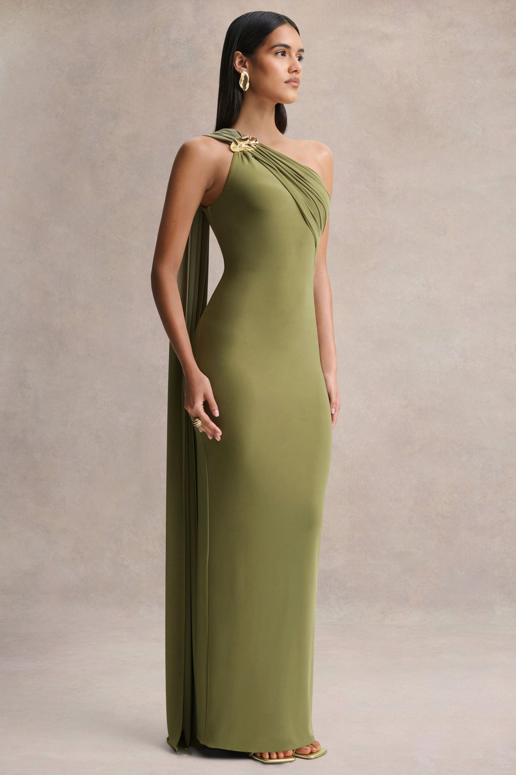 Mandy | Olive Asymmetric-Neck Maxi Dress With Gold-Detail