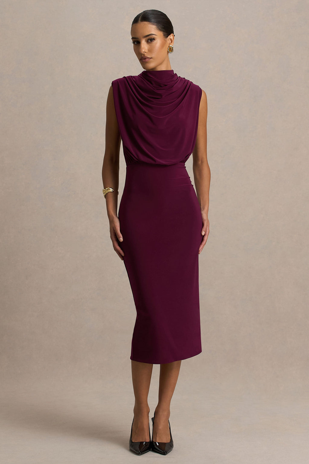 Hermia | Burgundy High-Neck Midi Dress