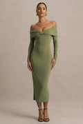 Spark | Olive Bardot-Neck Midi Dress With Bow Detail