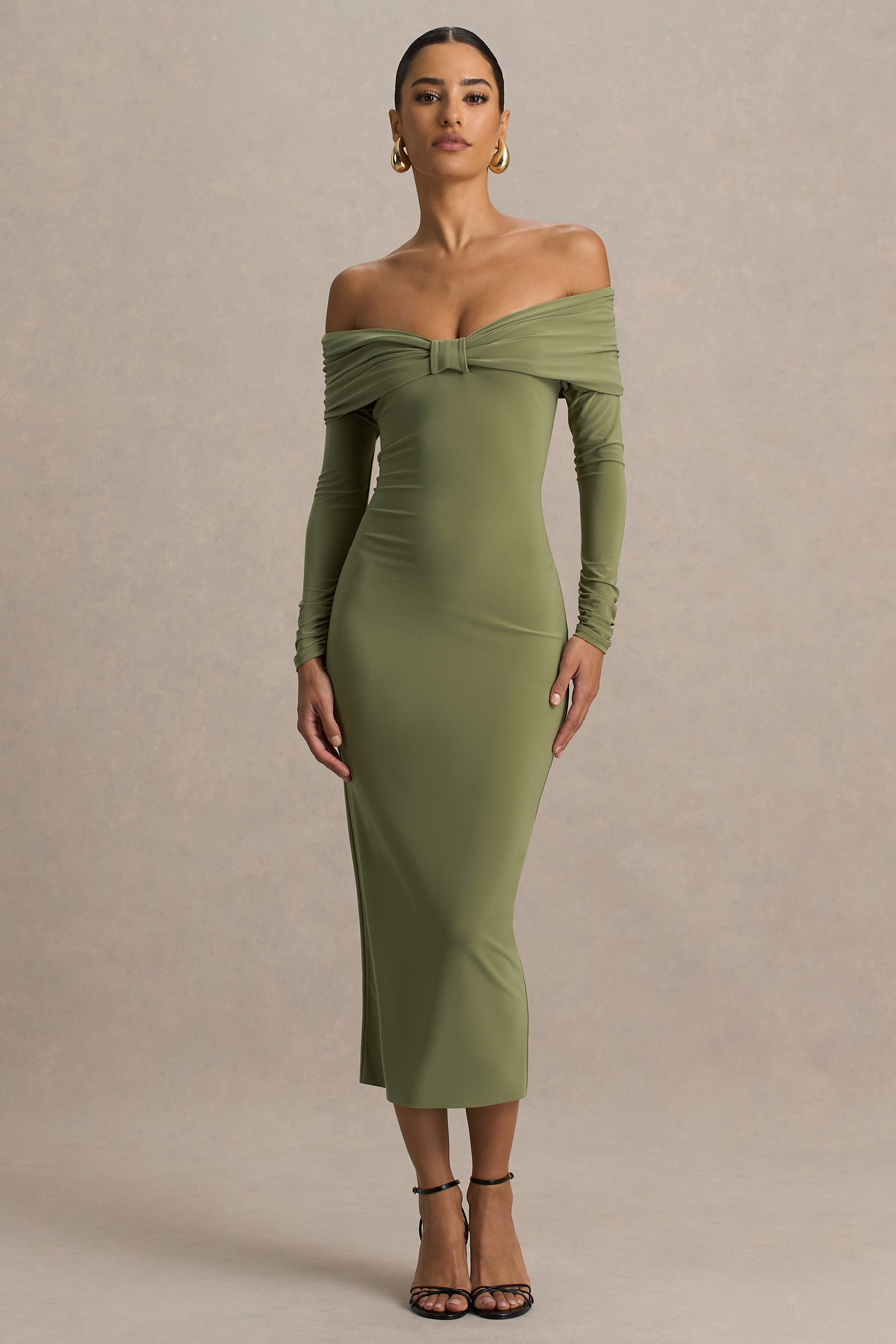 Spark | Olive Bardot-Neck Midi Dress With Bow Detail