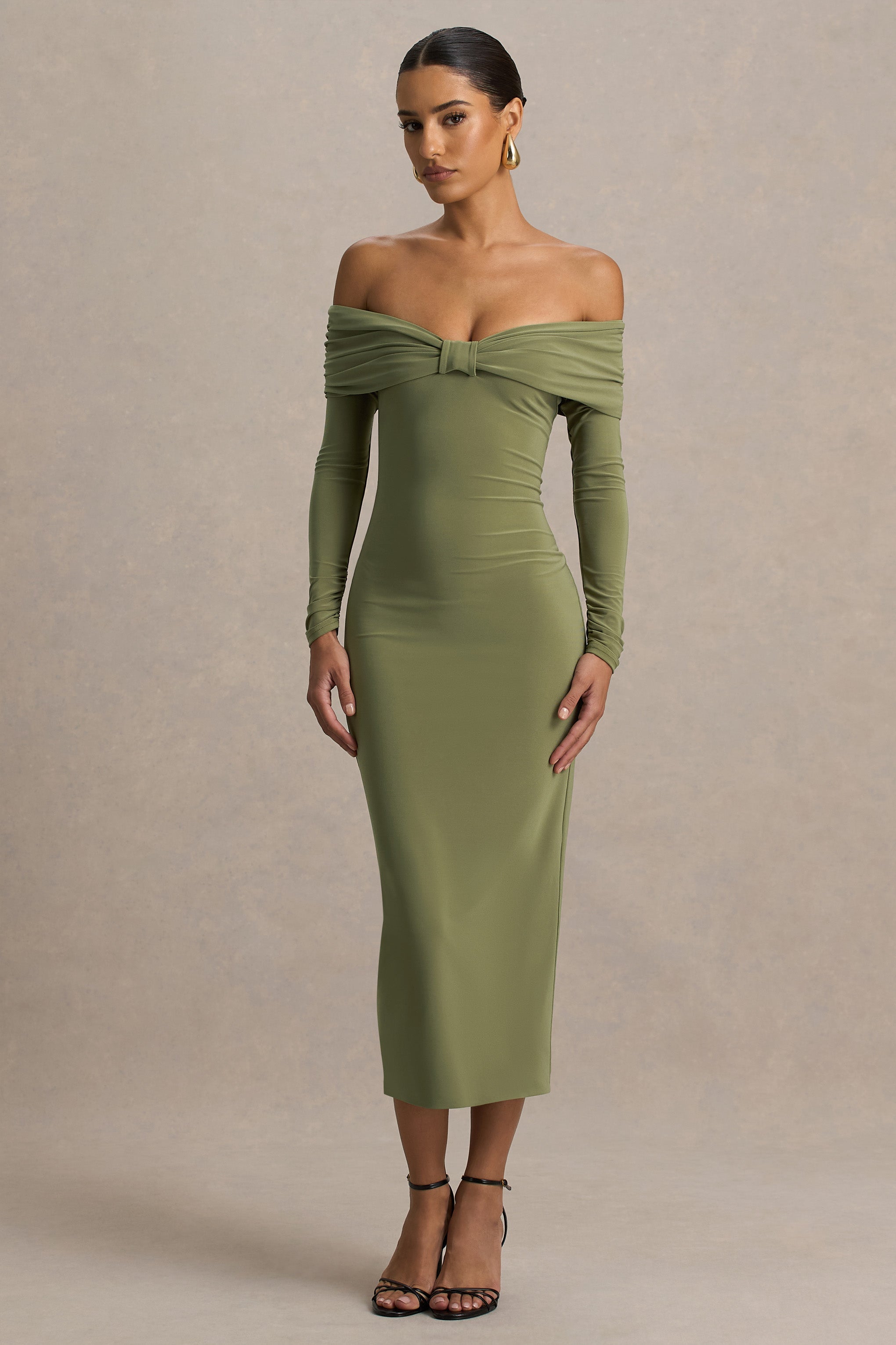 Spark | Olive Bardot-Neck Midi Dress With Bow Detail