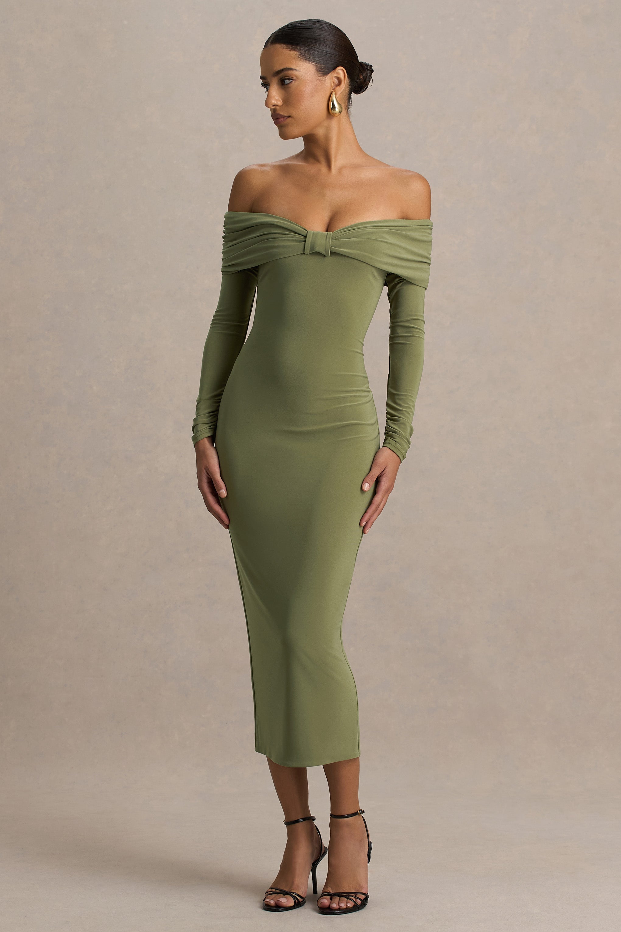 Spark | Olive Bardot-Neck Midi Dress With Bow Detail