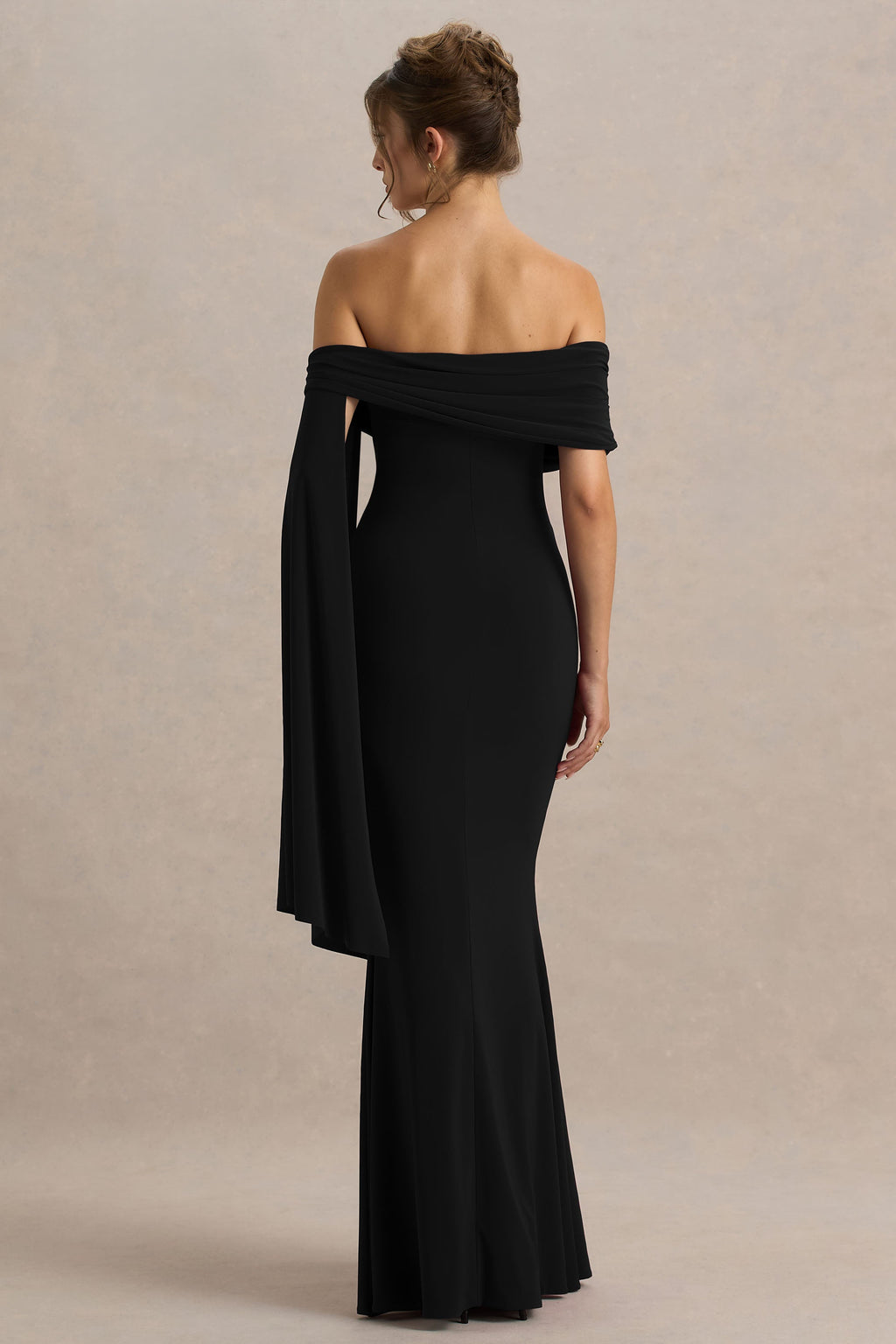 Saffina | Black Bardot-Neck Maxi Dress With Sash Detail