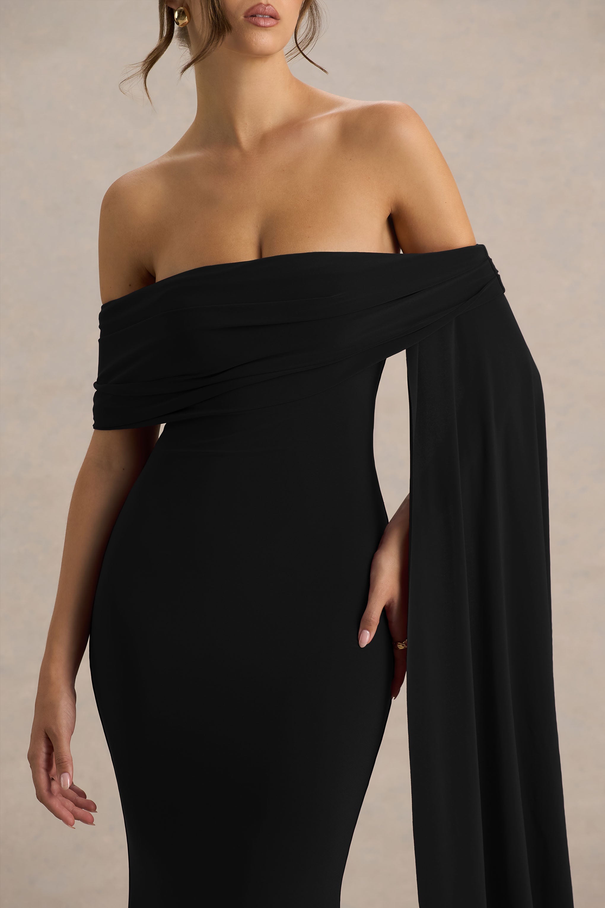 Saffina | Black Bardot-Neck Maxi Dress With Sash Detail