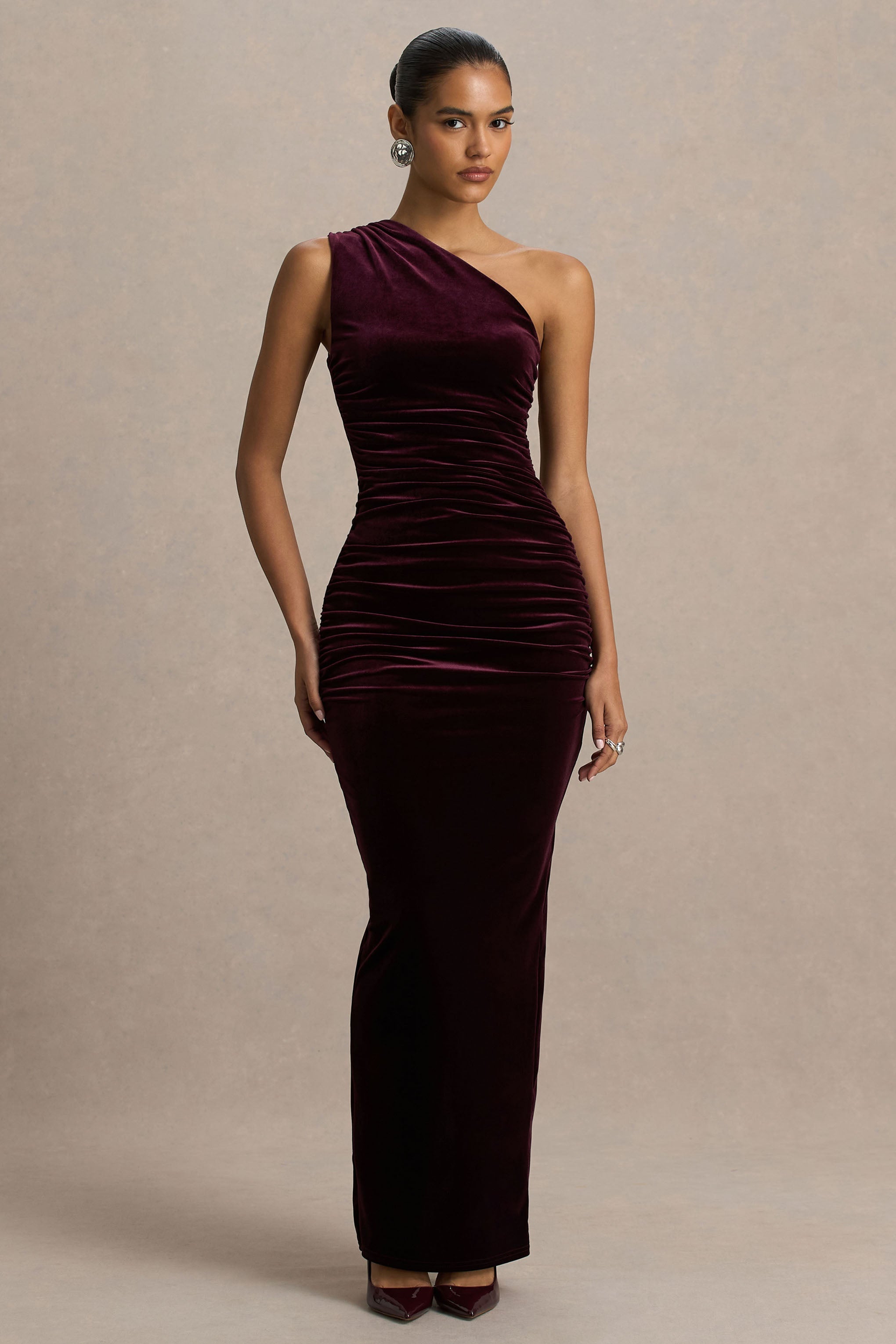 Treat | Burgundy Velvet Asymmetric-Neck Maxi Dress With Ruched Detailing.