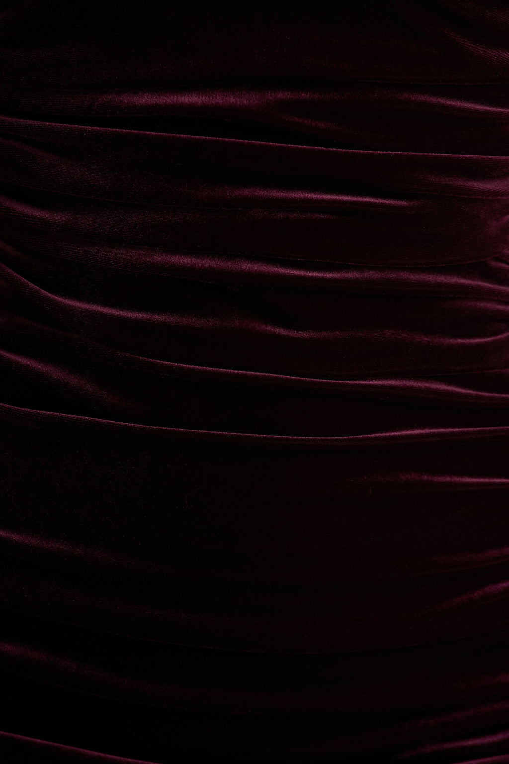 Treat | Burgundy Velvet Asymmetric-Neck Maxi Dress With Ruched Detailing.