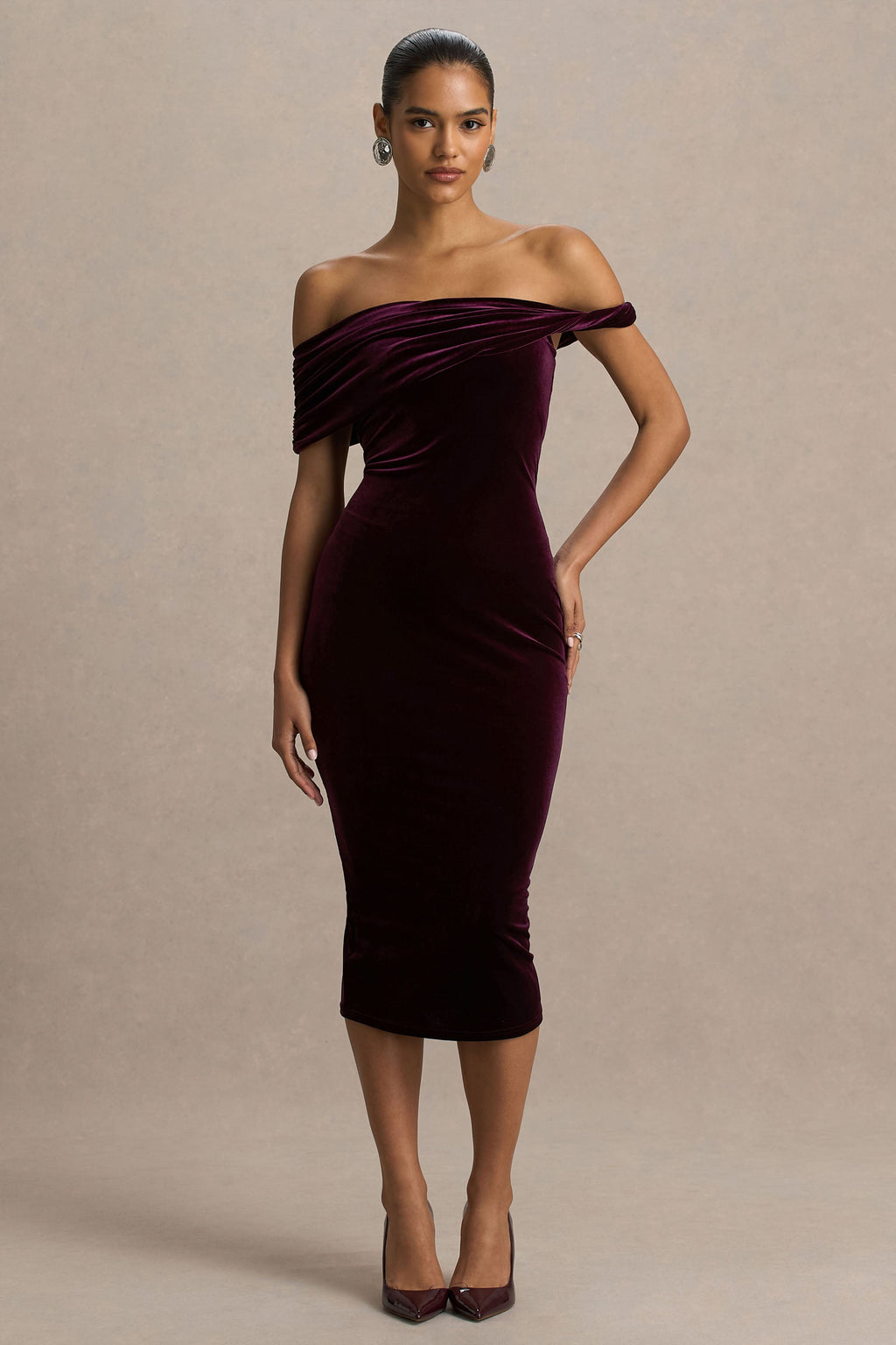 Billie | Burgundy Velvet Bardot-Neck Midi Dress With Twist-Sleeve