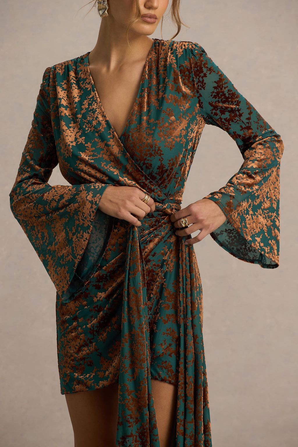 Dimitra | Dark Green And Brown Velvet Devore Plunge-Neck Wrap Mini Dress