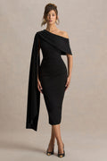 Leah | Black Asymmetric-Neck Midi Dress With Cape-Sleeve
