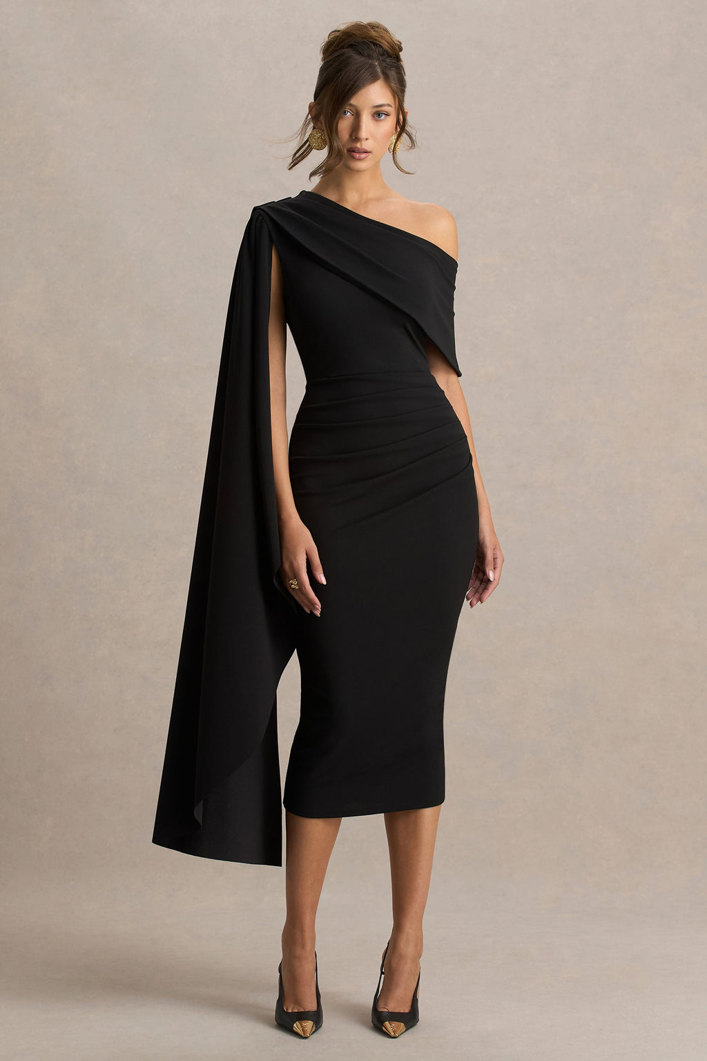 Leah | Black Asymmetric-Neck Midi Dress With Cape-Sleeve