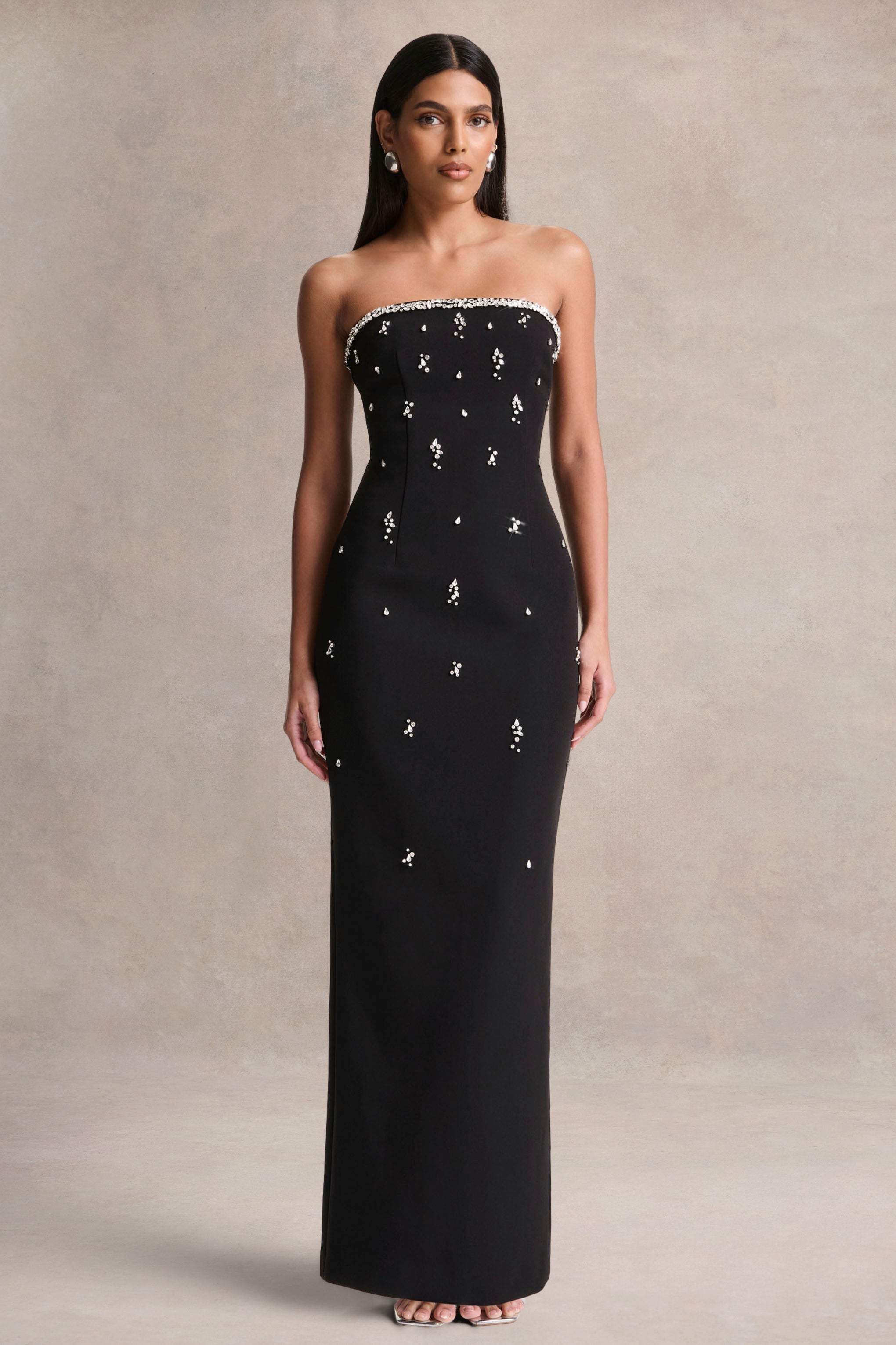 Rominia | Black Bandeau Hand-Embellished Maxi Dress