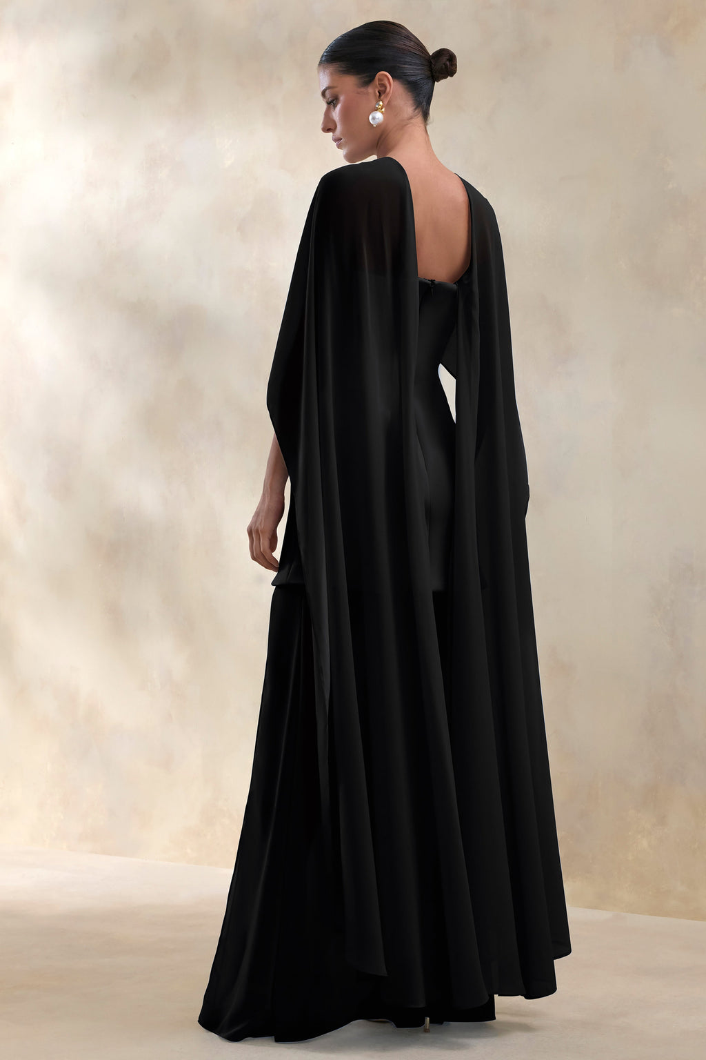 Chessa | Black Slashed-Neck Maxi Dress With Sheer Cape