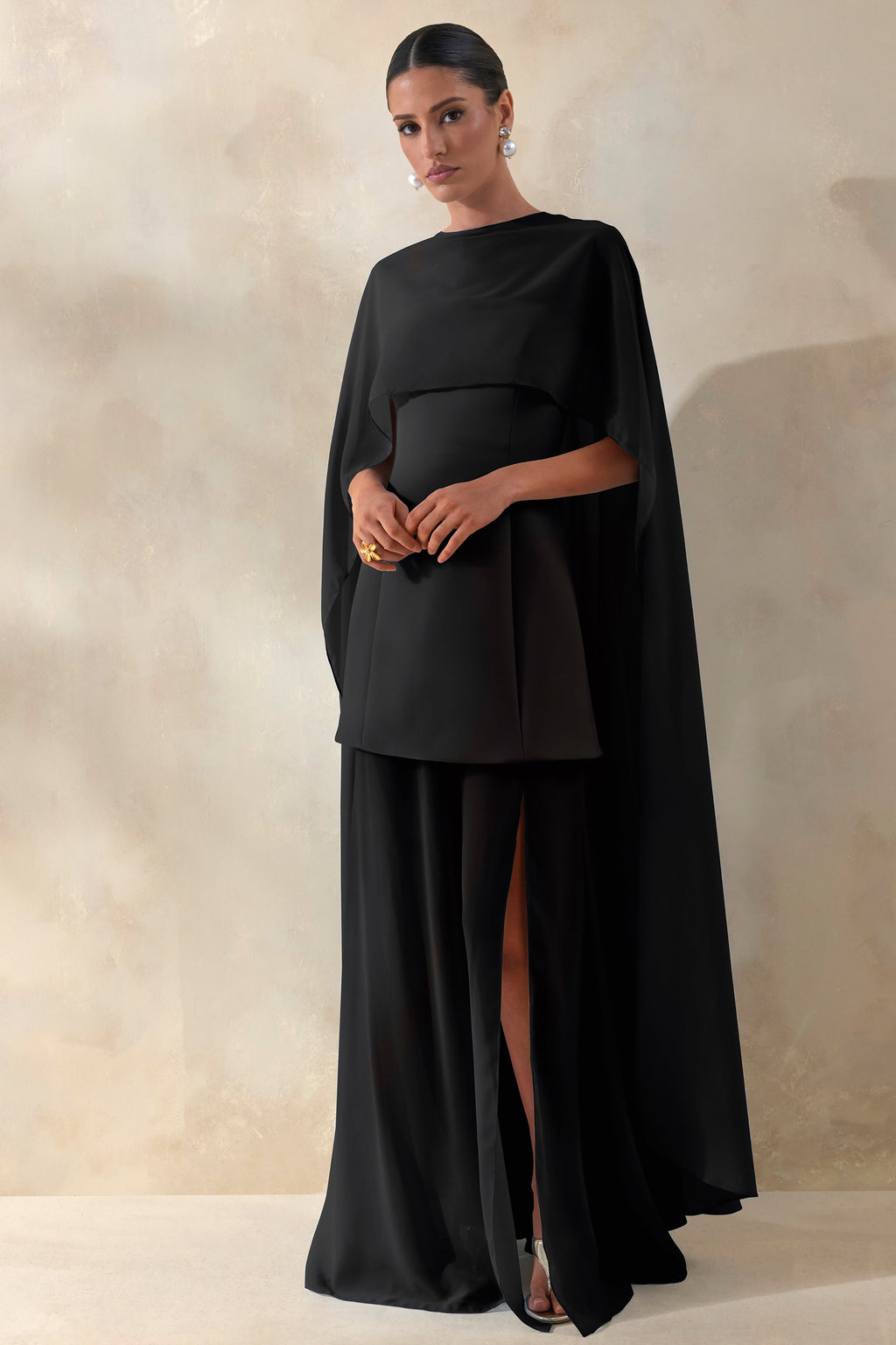 Chessa | Black Slashed-Neck Maxi Dress With Sheer Cape