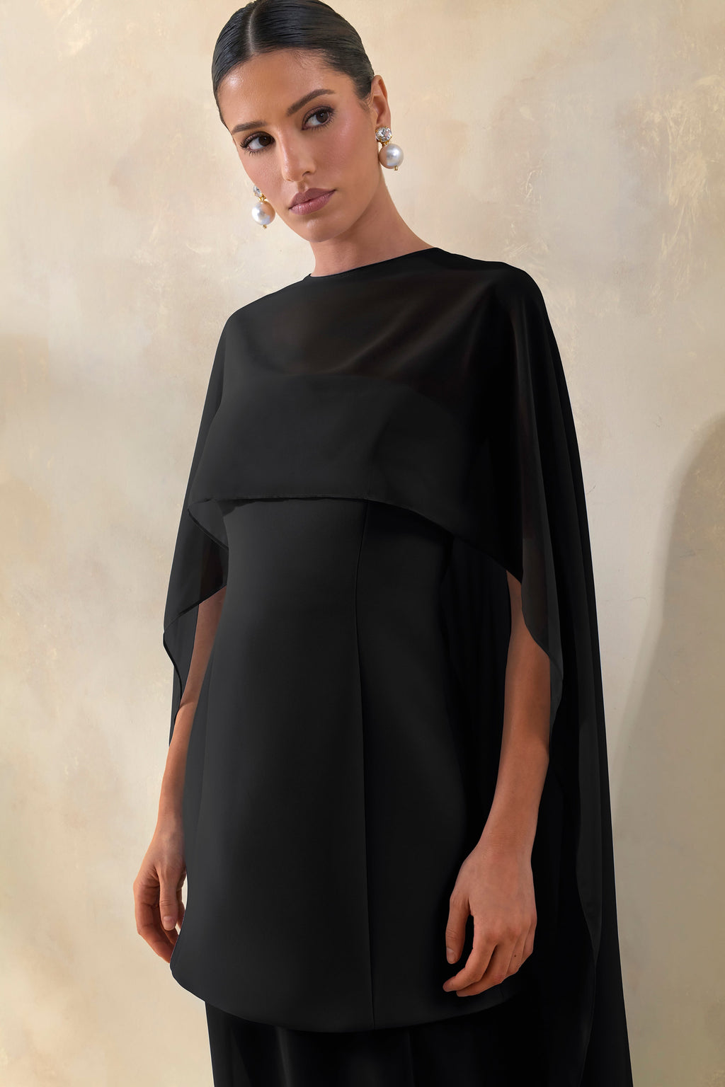 Chessa | Black Slashed-Neck Maxi Dress With Sheer Cape