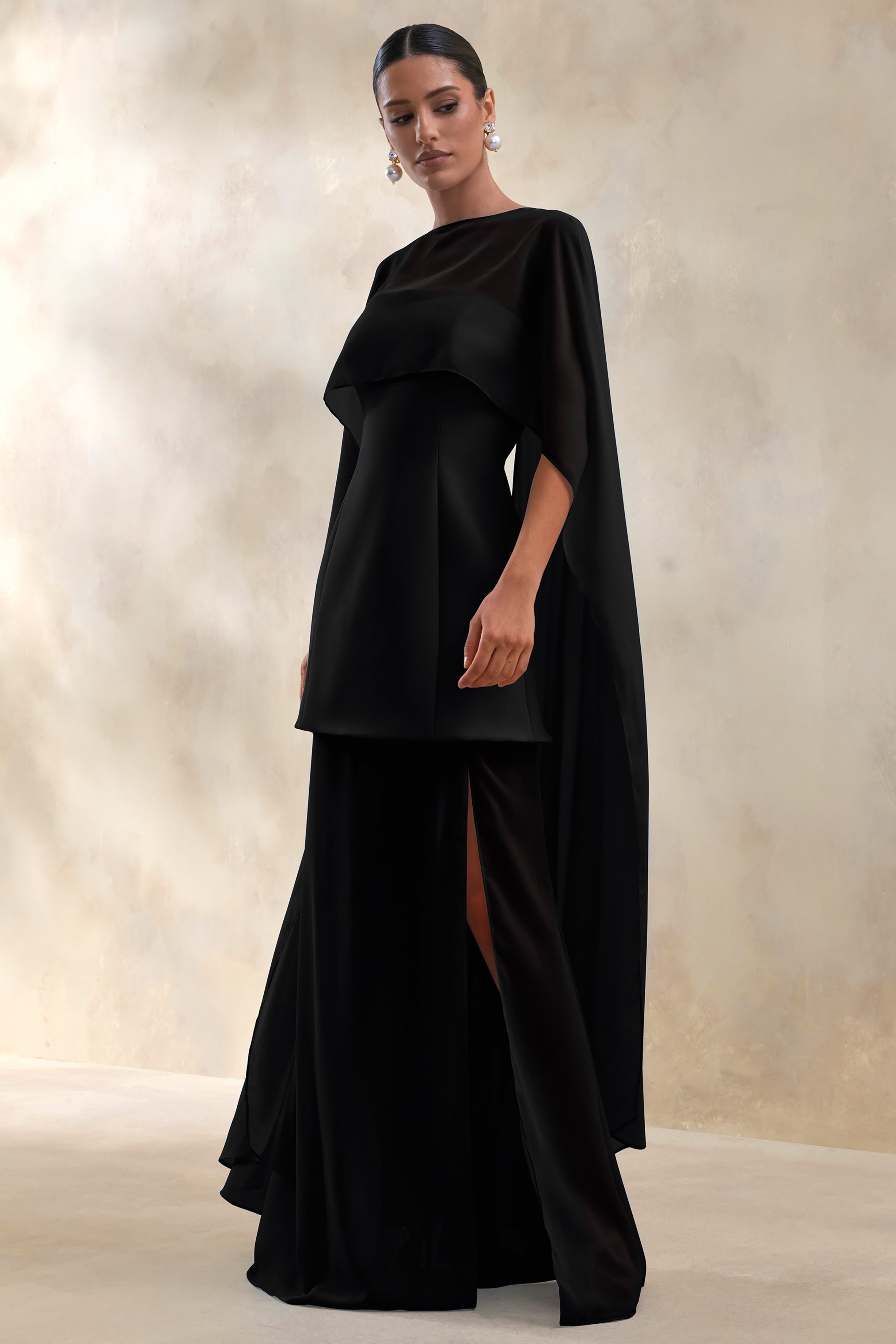 Chessa | Black Slashed-Neck Maxi Dress With Sheer Cape