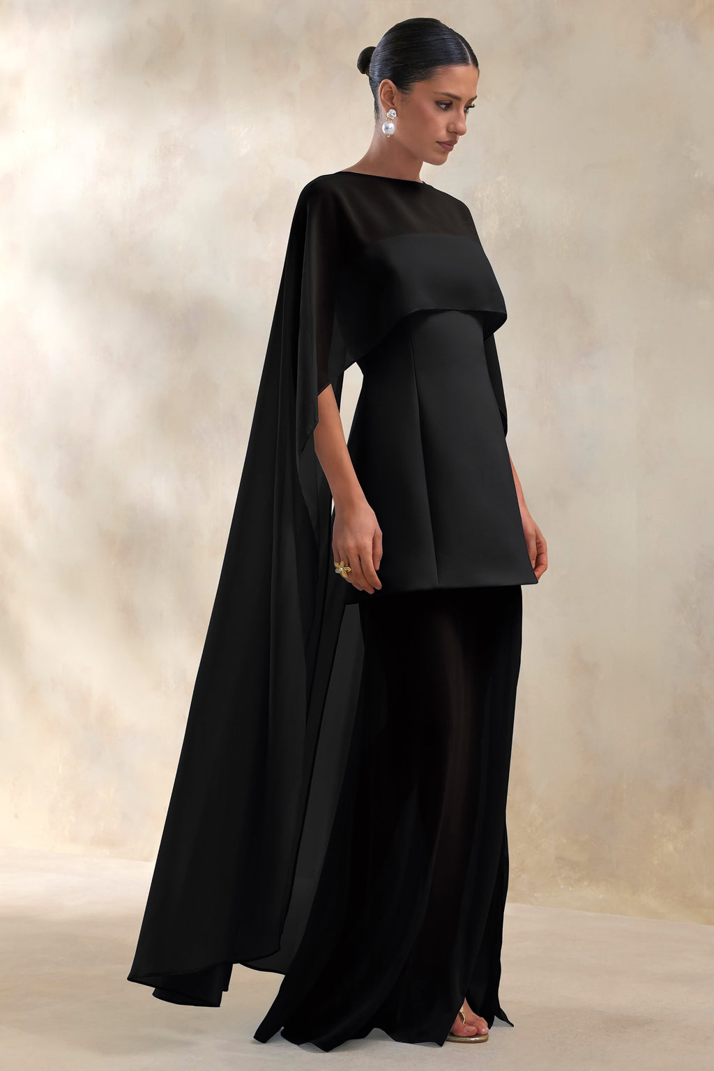 Chessa | Black Slashed-Neck Maxi Dress With Sheer Cape