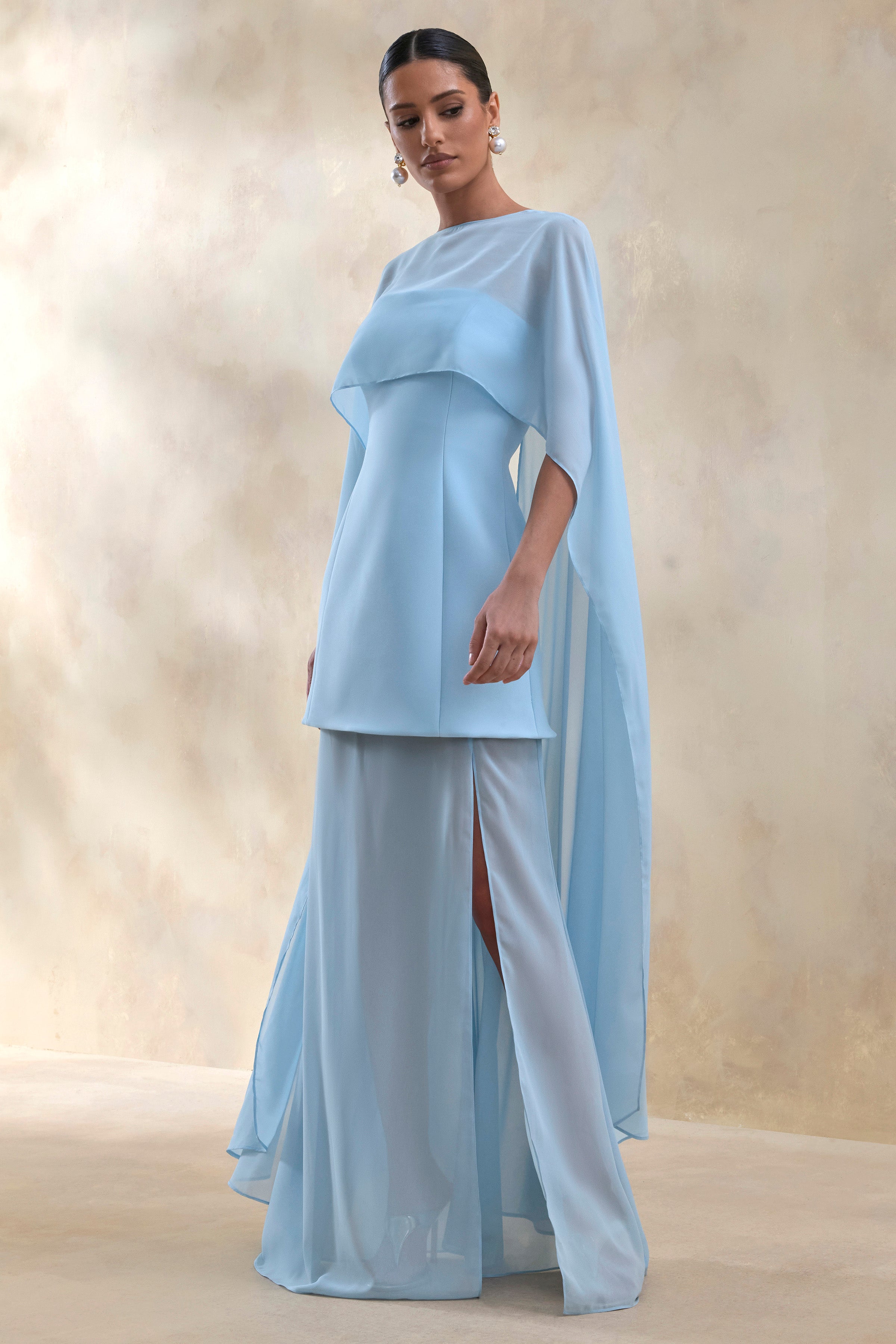 Chessa | Powder Blue Boat-Neck Maxi Dress With Sheer Cape