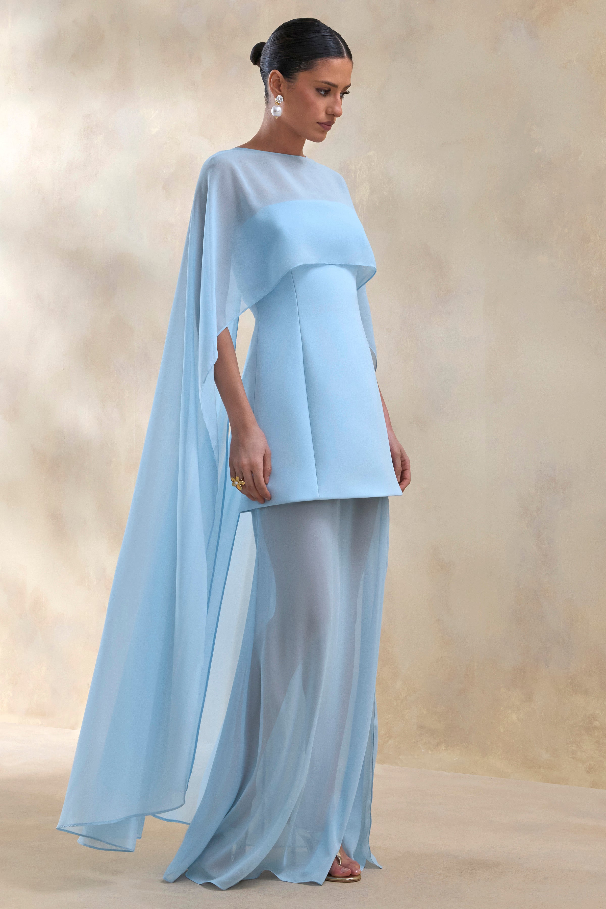 Chessa | Powder Blue Boat-Neck Maxi Dress With Sheer Cape