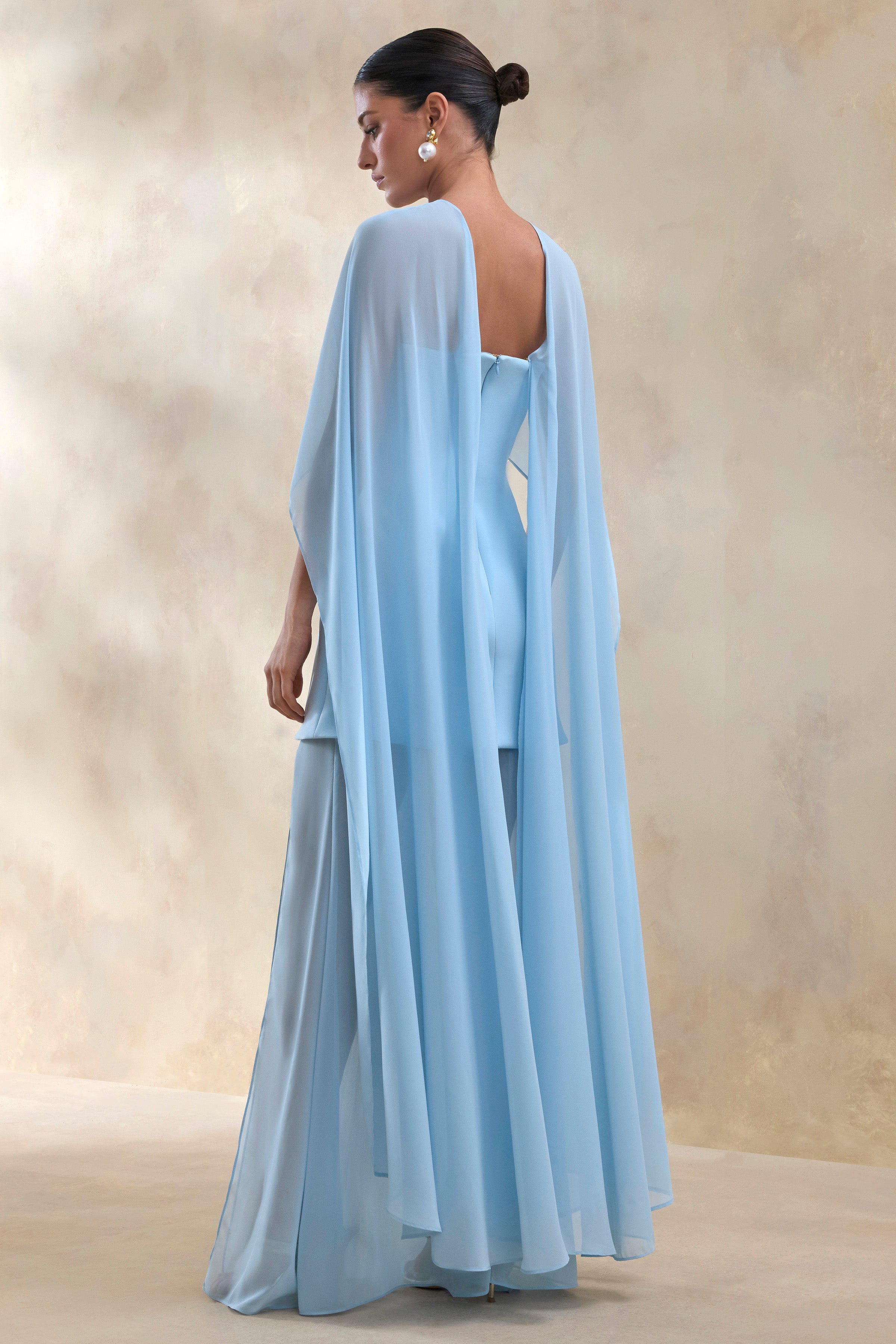Chessa | Powder Blue Boat-Neck Maxi Dress With Sheer Cape