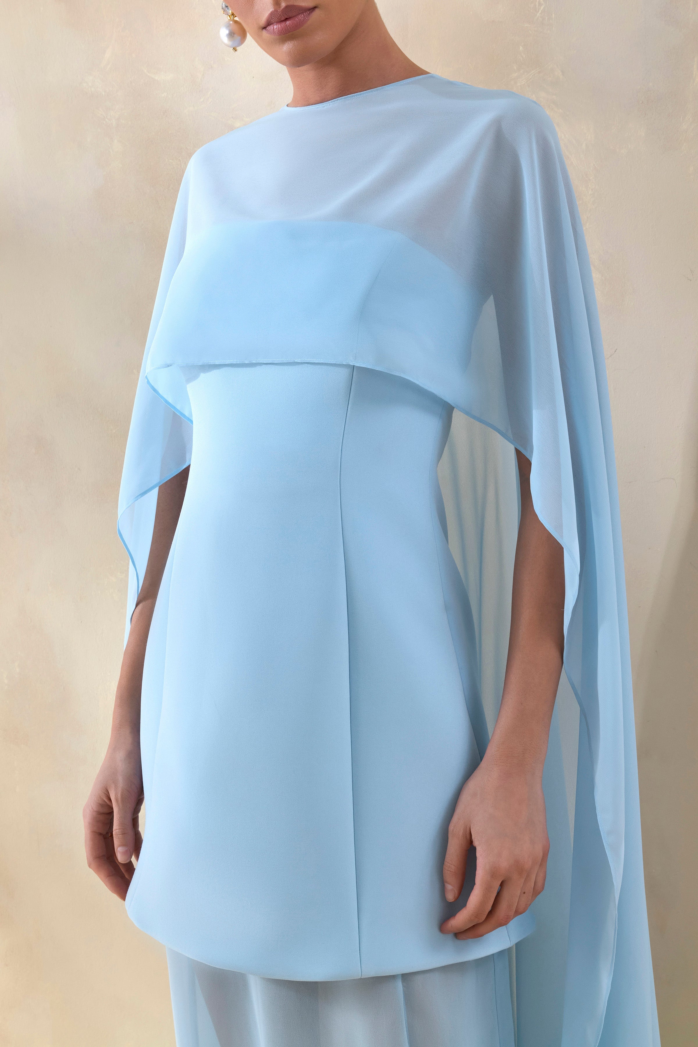 Chessa | Powder Blue Boat-Neck Maxi Dress With Sheer Cape