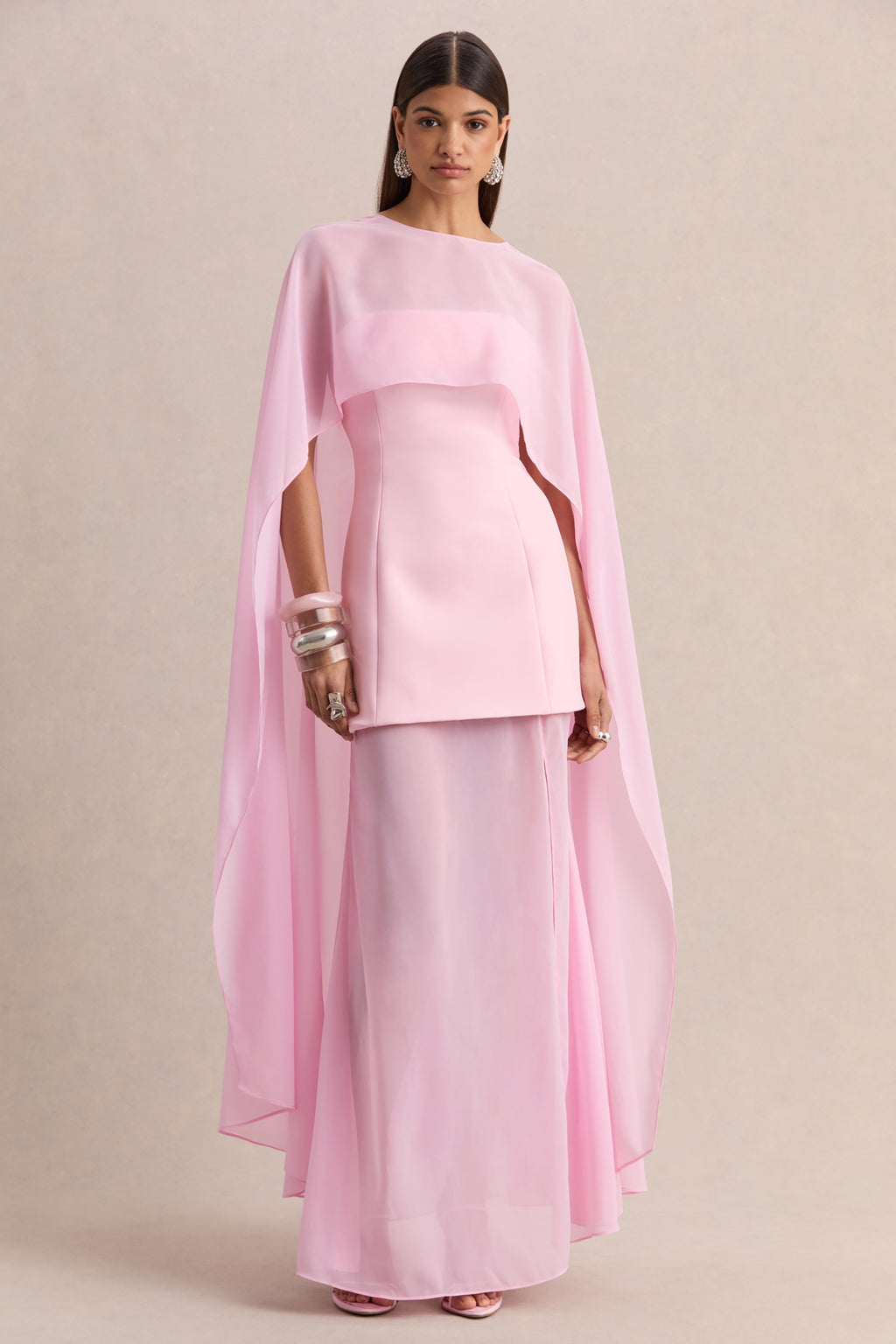 Chessa | Light Pink Boat-Neck Maxi Dress With Sheer Cape