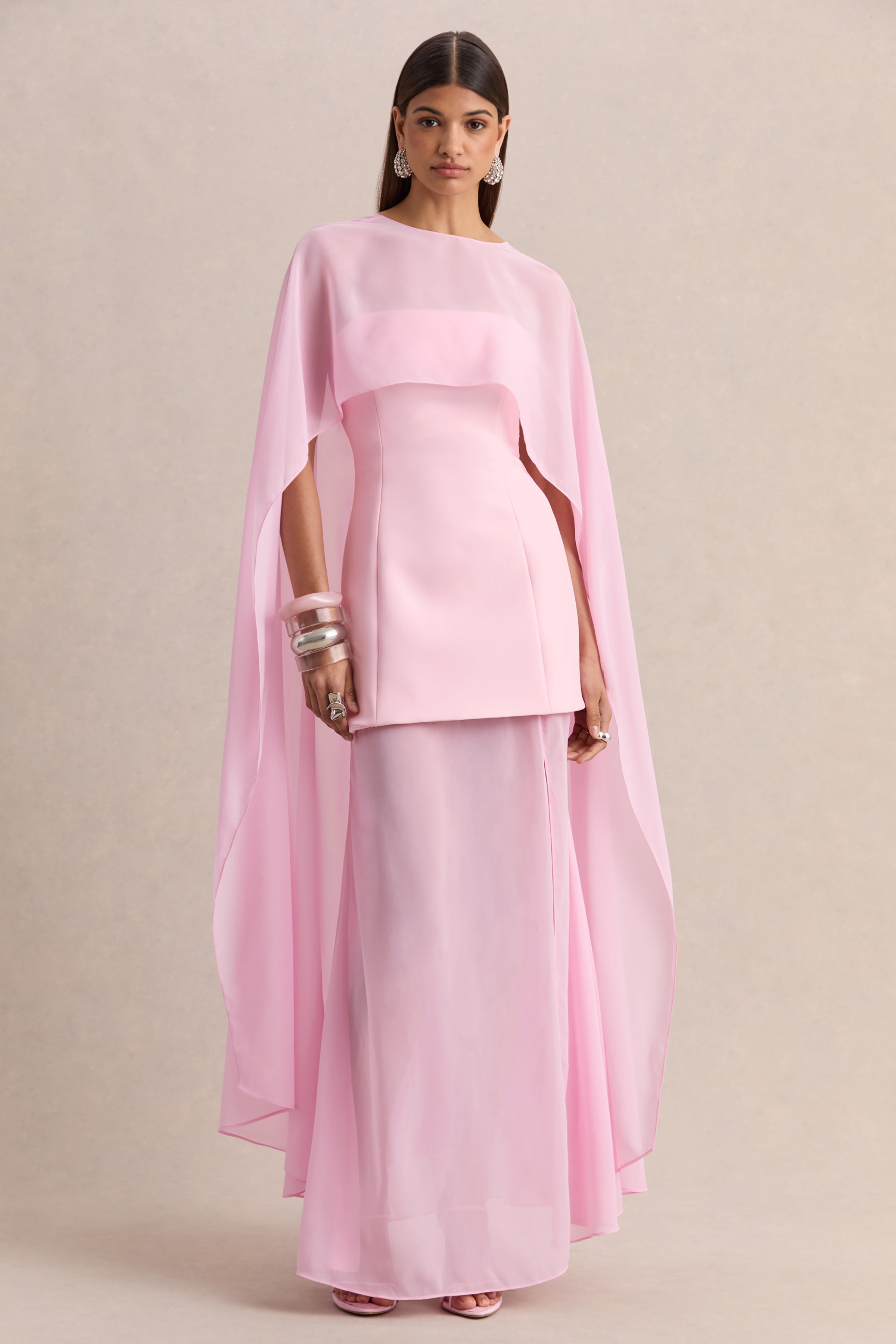 Chessa | Light Pink Boat-Neck Maxi Dress With Sheer Cape