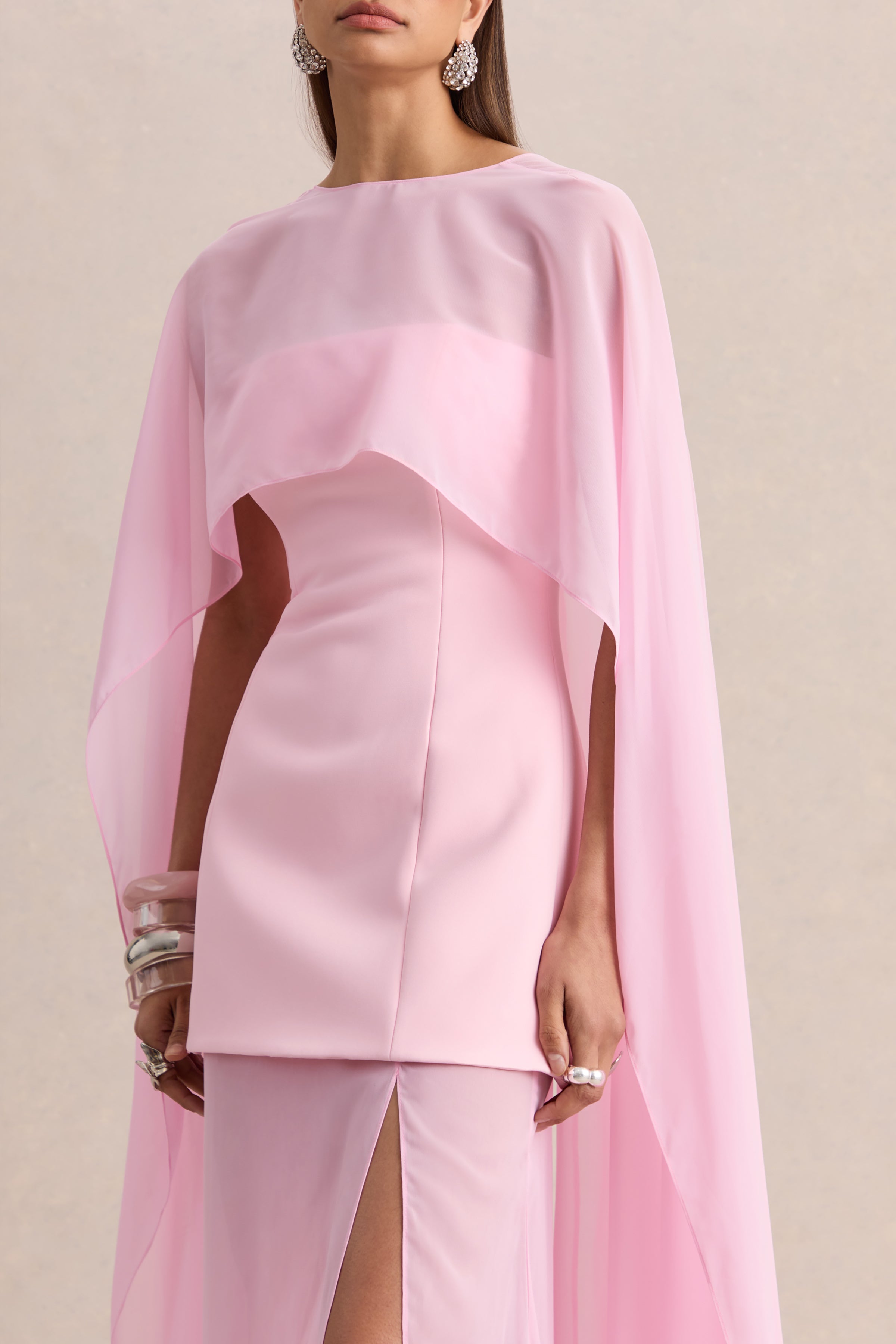 Chessa | Light Pink Boat-Neck Maxi Dress With Sheer Cape