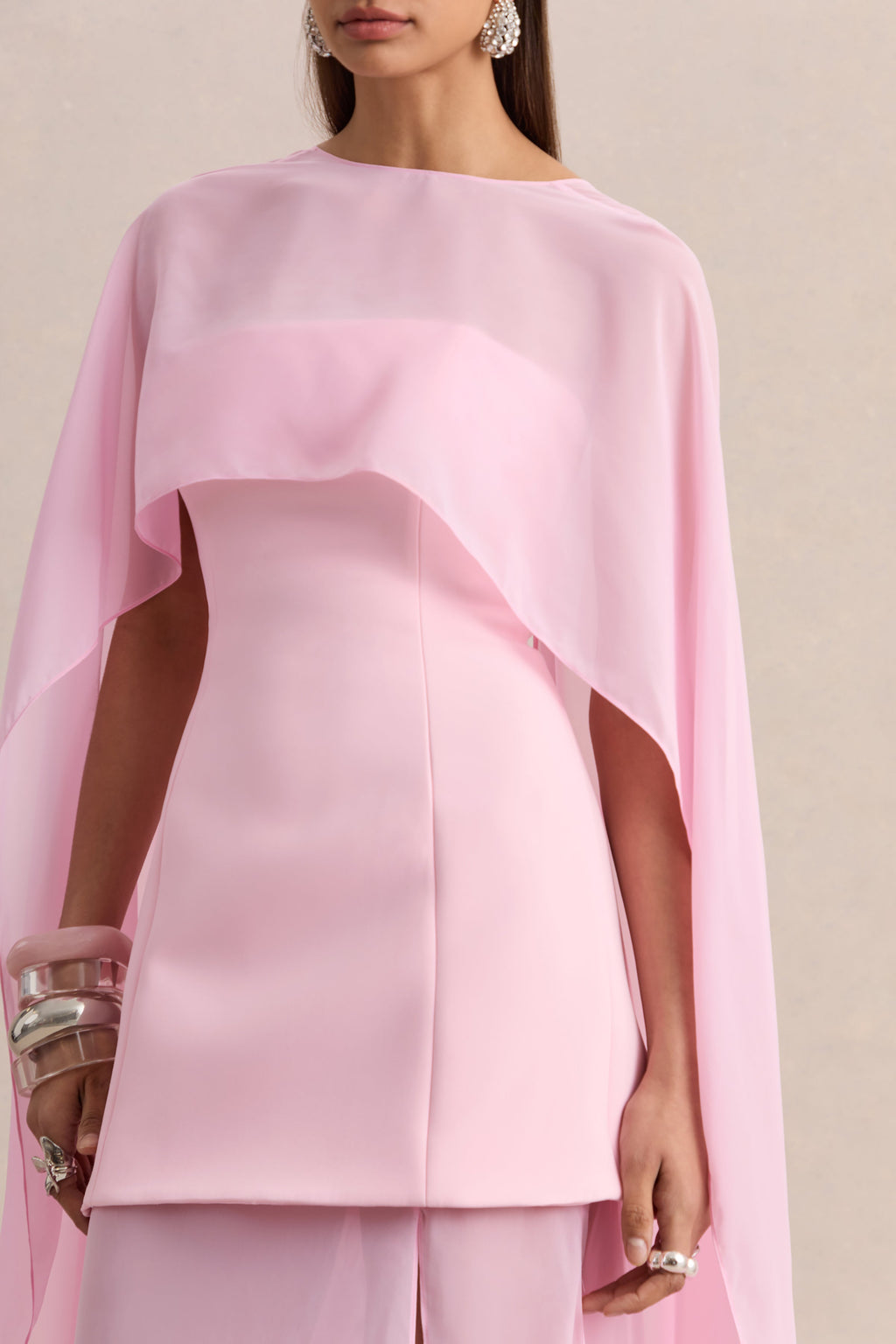 Chessa | Light Pink Boat-Neck Maxi Dress With Sheer Cape