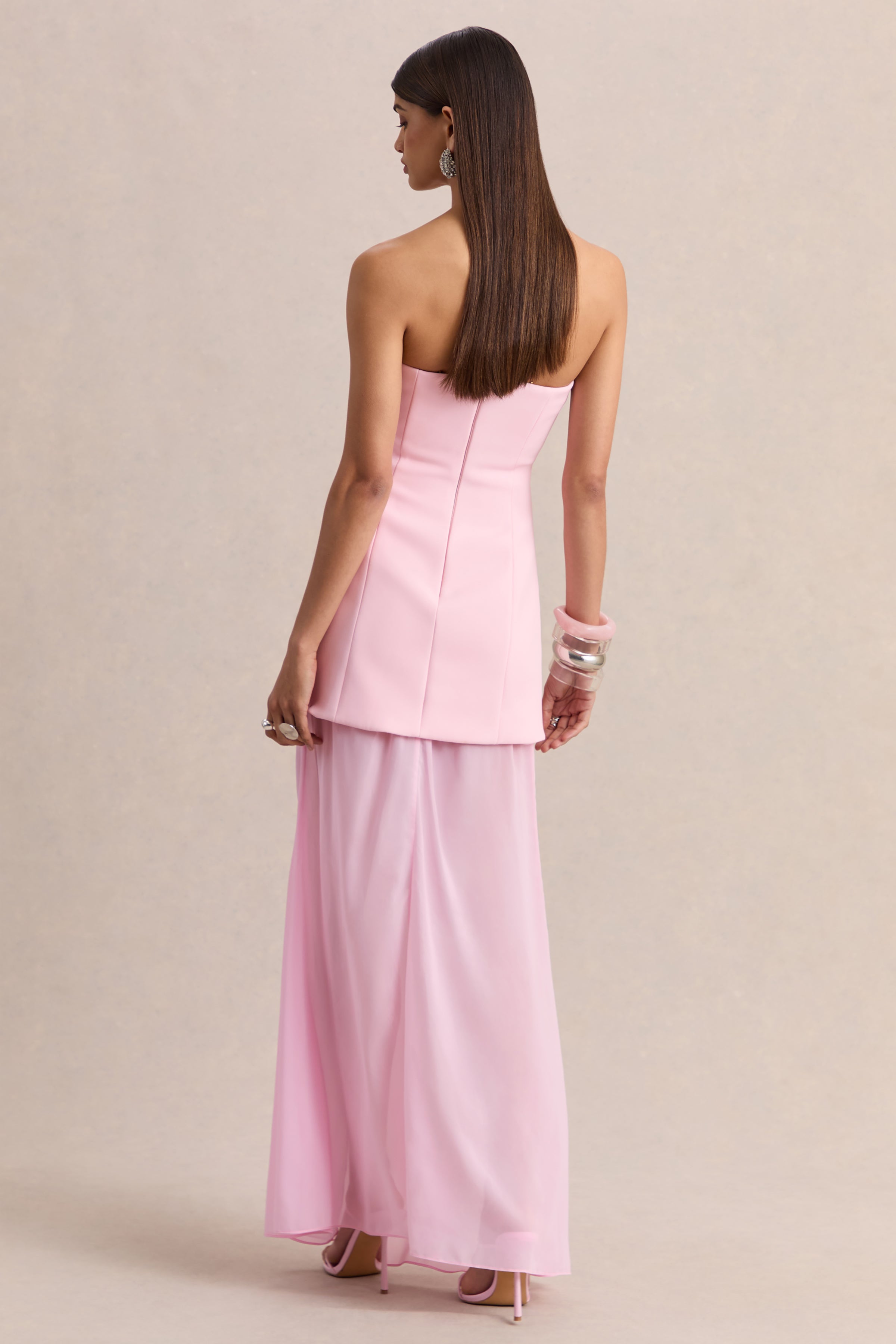 Chessa | Light Pink Boat-Neck Maxi Dress With Sheer Cape