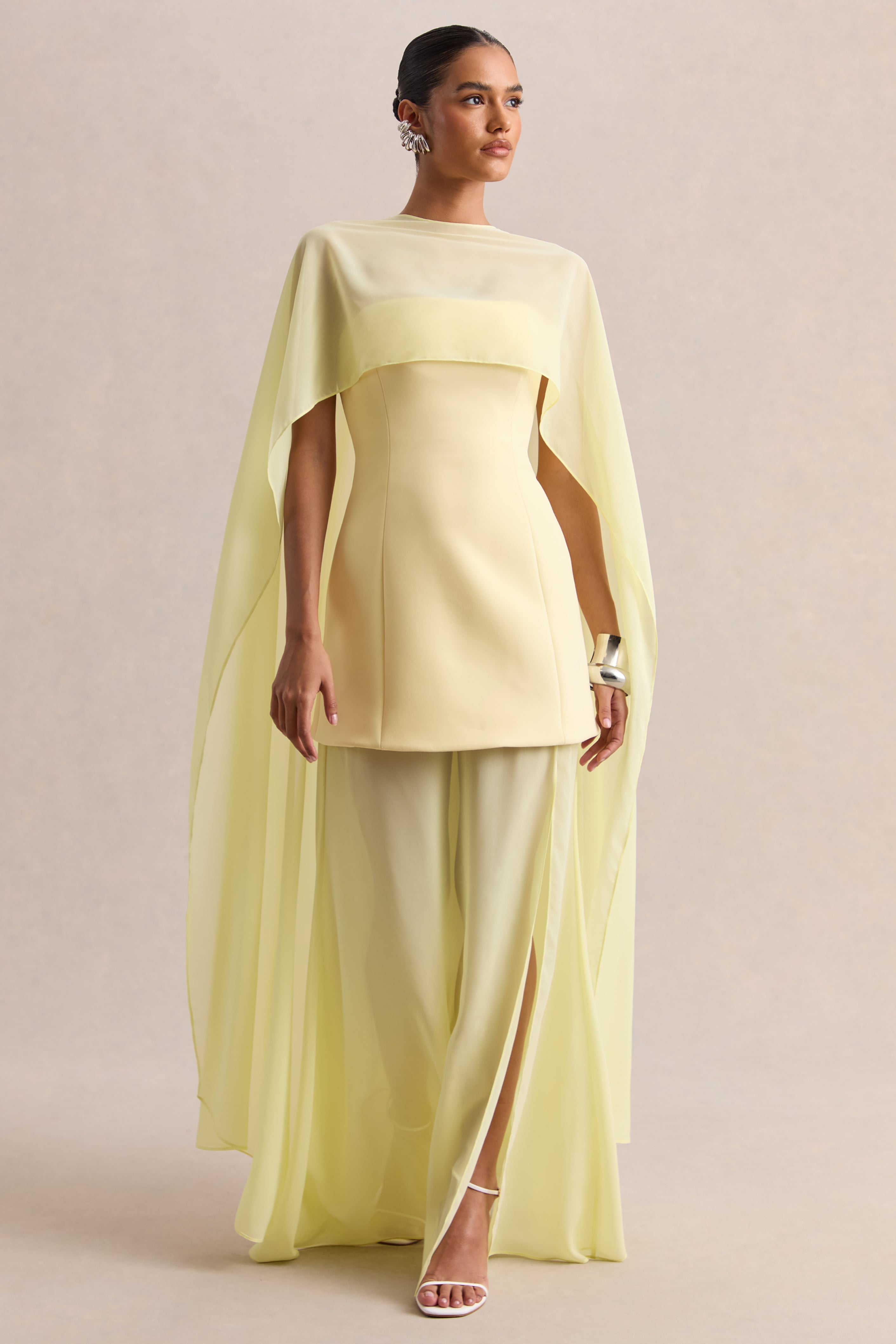 Chessa | Lemon Boat-Neck Maxi Dress With Sheer Cape