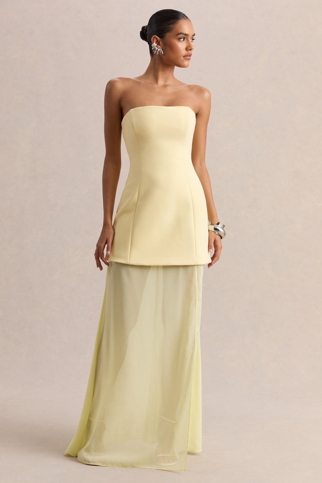 Chessa | Lemon Boat-Neck Maxi Dress With Sheer Cape