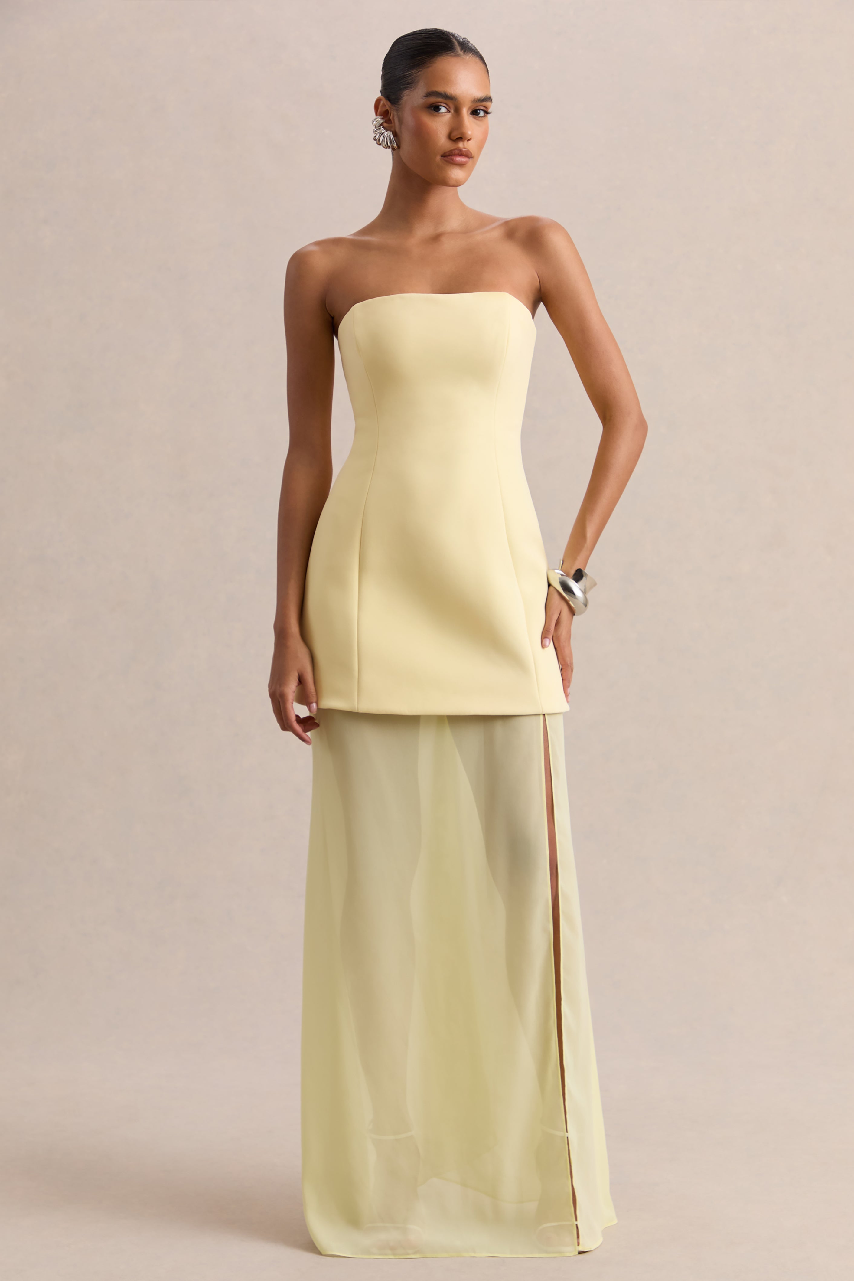 Chessa | Lemon Boat-Neck Maxi Dress With Sheer Cape
