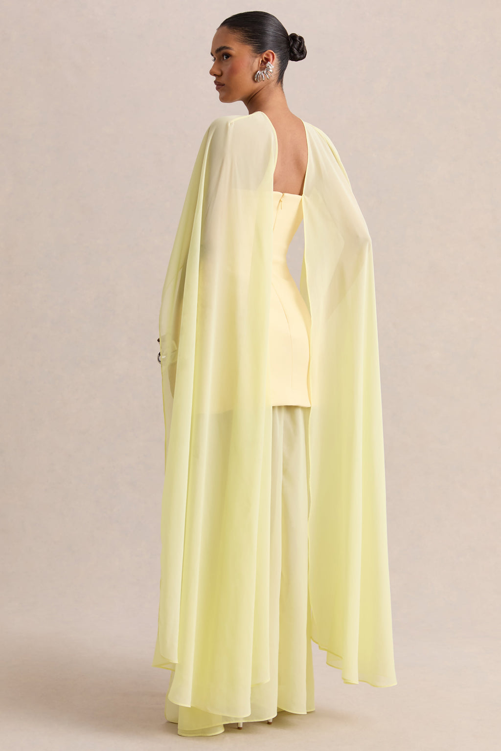 Chessa | Lemon Boat-Neck Maxi Dress With Sheer Cape