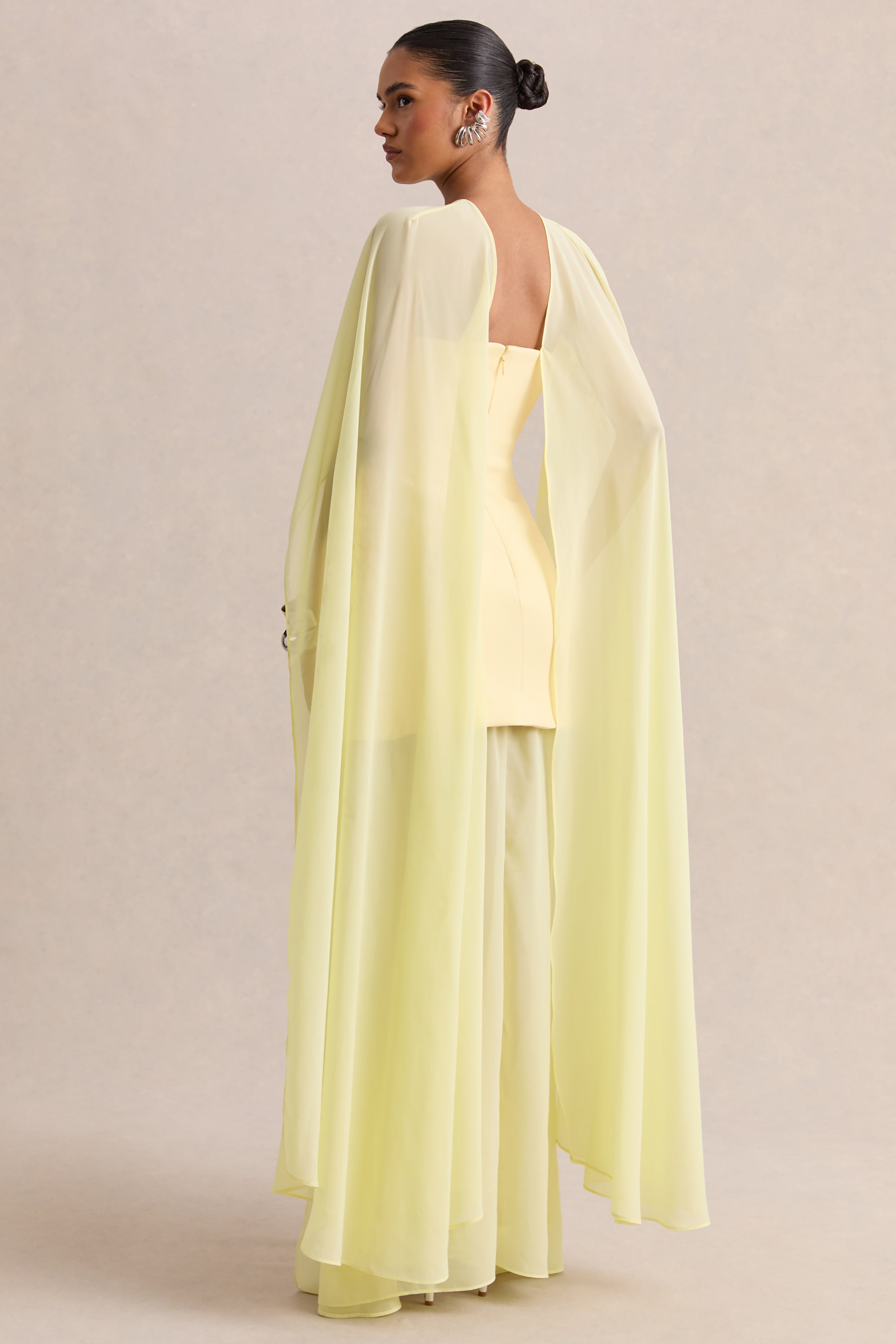 Chessa | Lemon Boat-Neck Maxi Dress With Sheer Cape