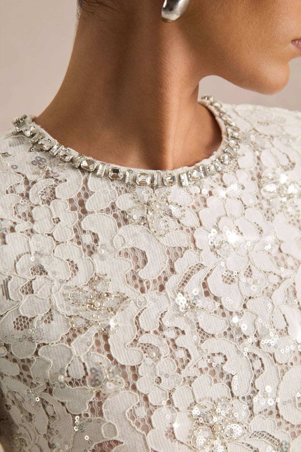 Beau | Ecru Lace Embellished Crew-Neck Maxi Dress With Draped Detail
